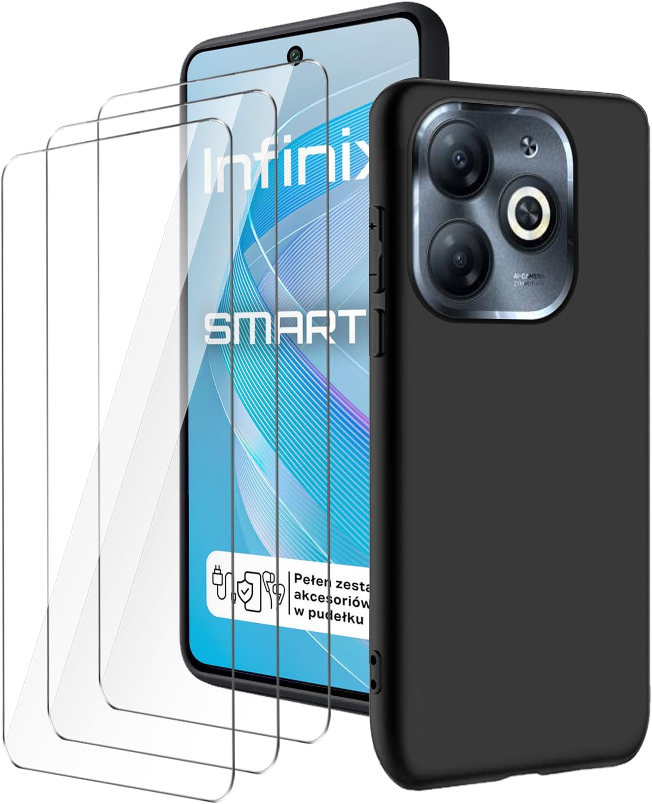 case for Infinix Smart 8/Infinix Hot 40i (6.6") Black mobile phone case + 3 pieces tempered glass protective film, case soft silicone TPU protective cover