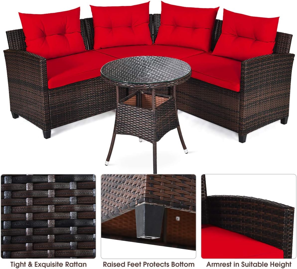 DORTALA 4-Piece Sectional Furniture Patio Set L-Shape Outdoor Wicker Sofa Set w/Cushions & Sophisticated Glass Coffee Table Couch Modern Deck Rattan Furniture for Garden Poolside Balcony, Red
