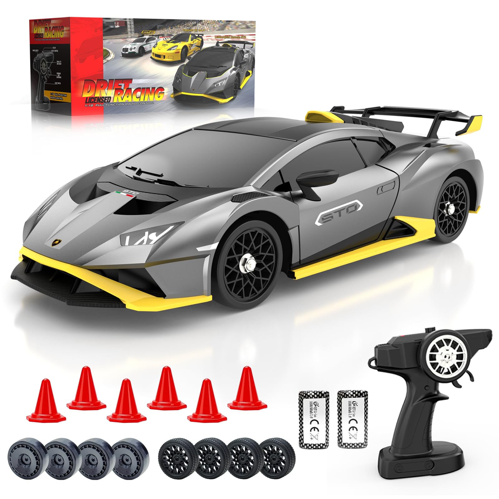 Lamborghini Remote Control Car, 1:18 Scale Licensed Lambo Toy Car, 2.4GHz 15km/h Fast RC Drift Car with Headlights, Cool RC Cars Toys for 4 5 6 7 8 9 10 11 12 Year Old Boys Kids Gifts (Grey)