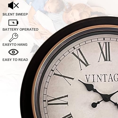 Miniatura 3 de ANDSTAR Reloj de pared redondo retro de 24 pulgadas con números romanos grandes, movimiento silencioso sin tictac, reloj de pared clásico, fácil de