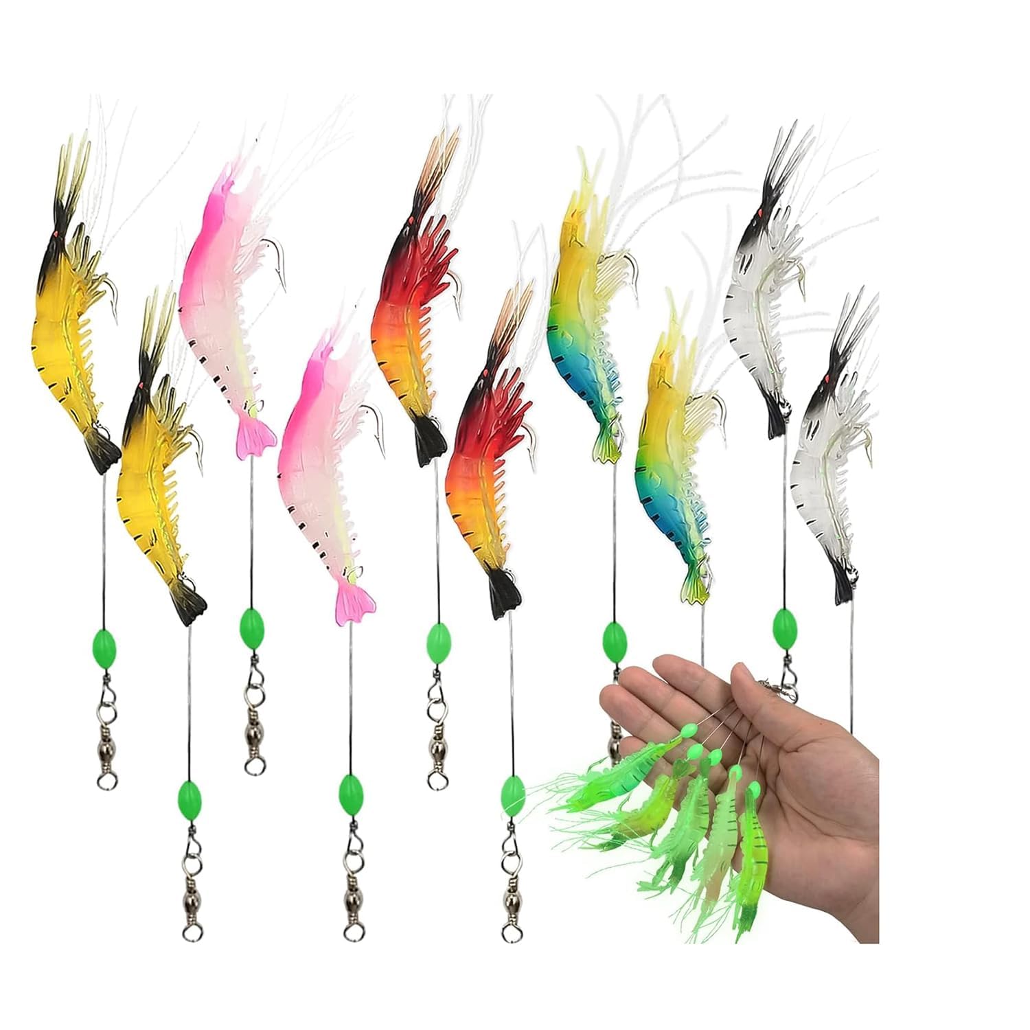 X spring Luminous Shrimp Lure Set, 10PCS Fishing Saltwater Tackle with Luminous Sharp Hooks, Premium Soft Shrimp Fishing Tackle, Fake Shrimp for Freshwater Saltwater Bass Trout Catfish Salmon