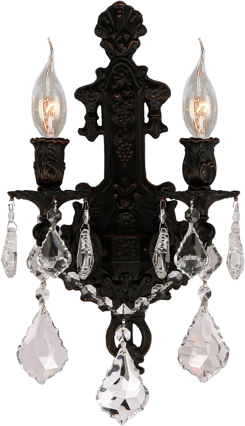 W23315F12 2-Light Versailles Wall Sconce with Clear Crystal, 12" x 13" x 5", Flemish Brass Finish