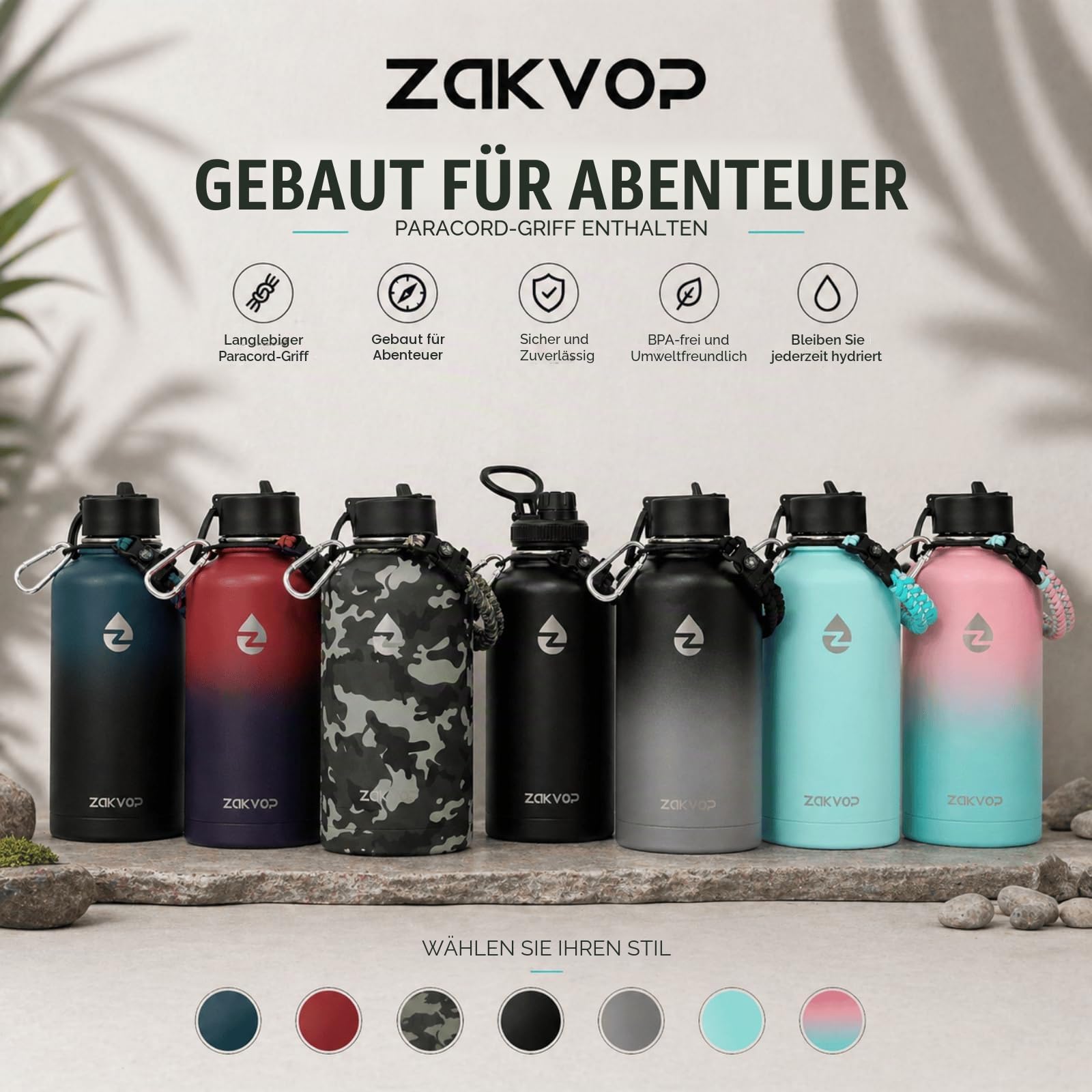 Thermosflasche, 2L Trinkflasche Edelstahl mit Strohhalmen und 3 Deckeln, Trinkflasche Thermo mit Paracord Griff, Thermoskanne 2 Liter mit Flaschenbürsten für Fitnessstudio (Blau+Schwarz)