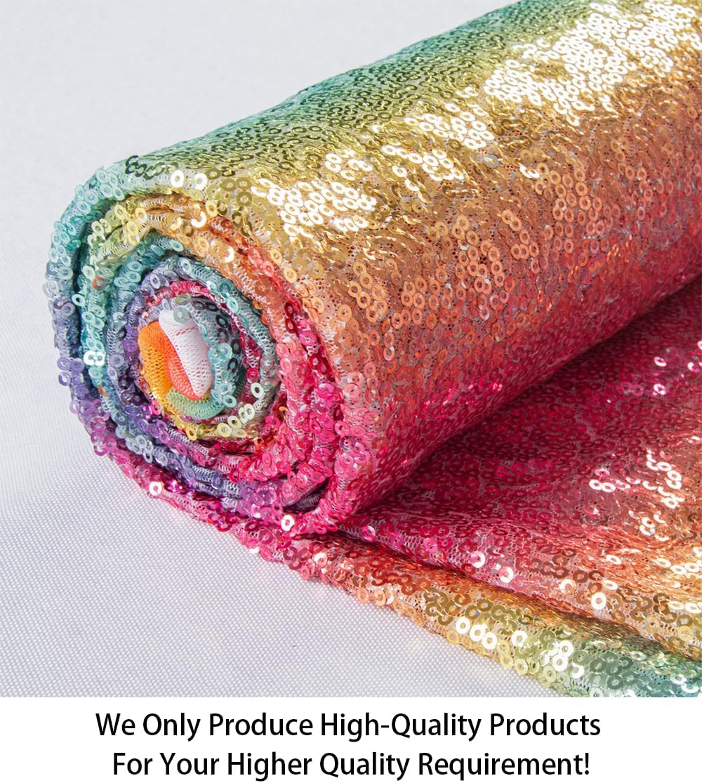 ShinyBeauty Rainbow Sequin Fabric 5 Yards - Colorful Mesh for Making Dress, Pillow Cover, Table Decor, Squares, Sparkle DIY, Party Decor