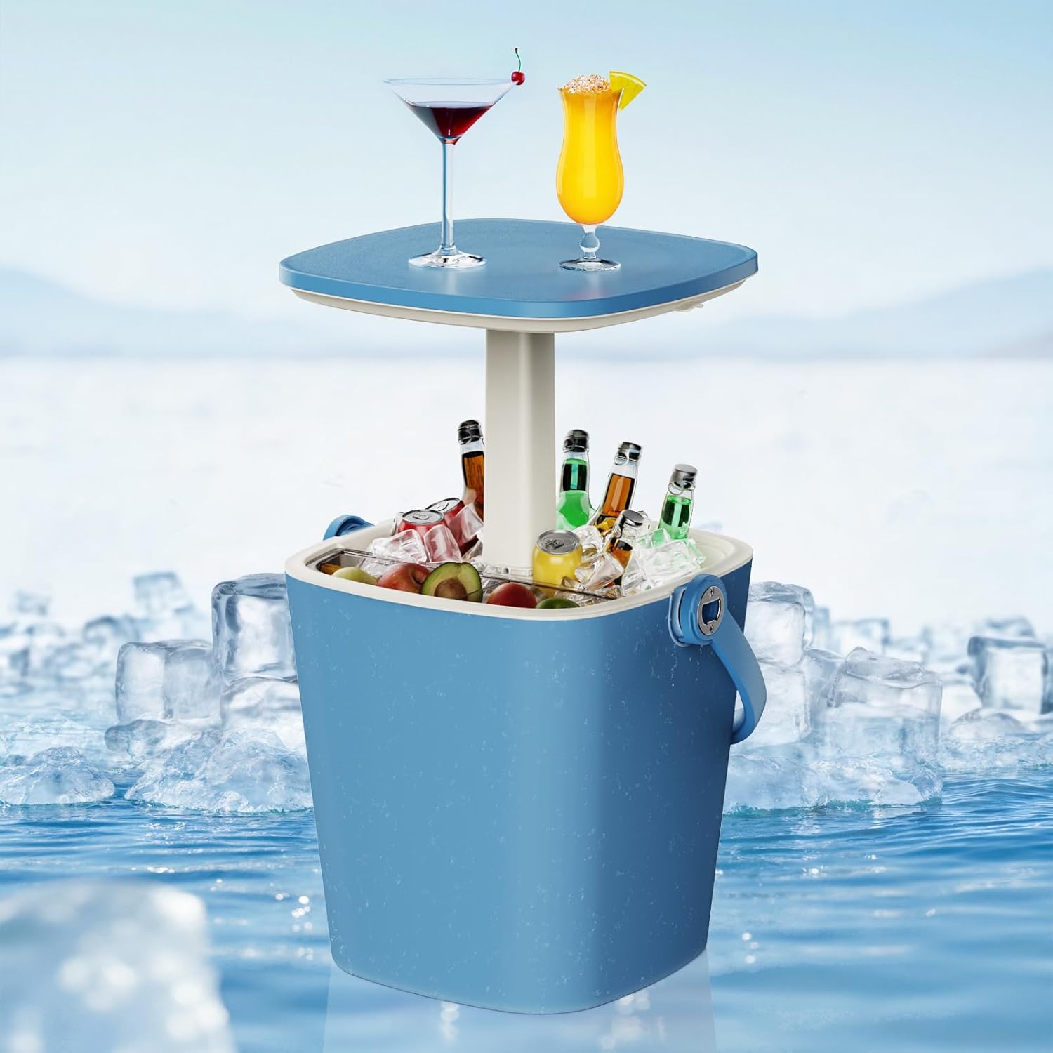 Outdoor Cool Bar Table with Adjustable Height,4-Gallon All-Weather Ice & Wine Cooler,Multi-Functional Patio Cocktail Station for Camping, Backyard & Parties