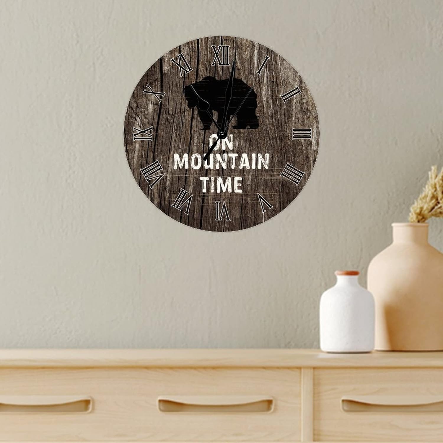 15 Inch Brown Bear Wall Clock On Mountain Time Art Font Silent Non Ticking Roman Numerals Battery Operated Round Wooden Clock Easy to Read Home Office Kitchen Classroom School Clock