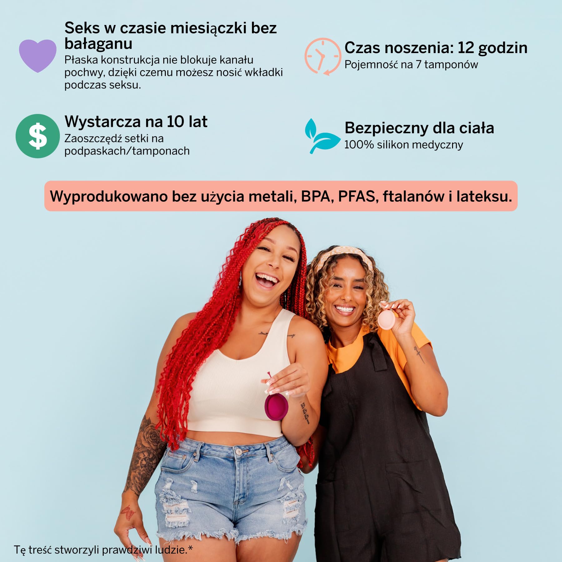 Pixie krążek menstruacyjny – miękki i wielokrotnego użytku – wykonany w 100% z silikonu medycznego – bez metali i substancji szkodliwych – czas noszenia 12 godzin – usuwa jak tampon – rozmiar mały