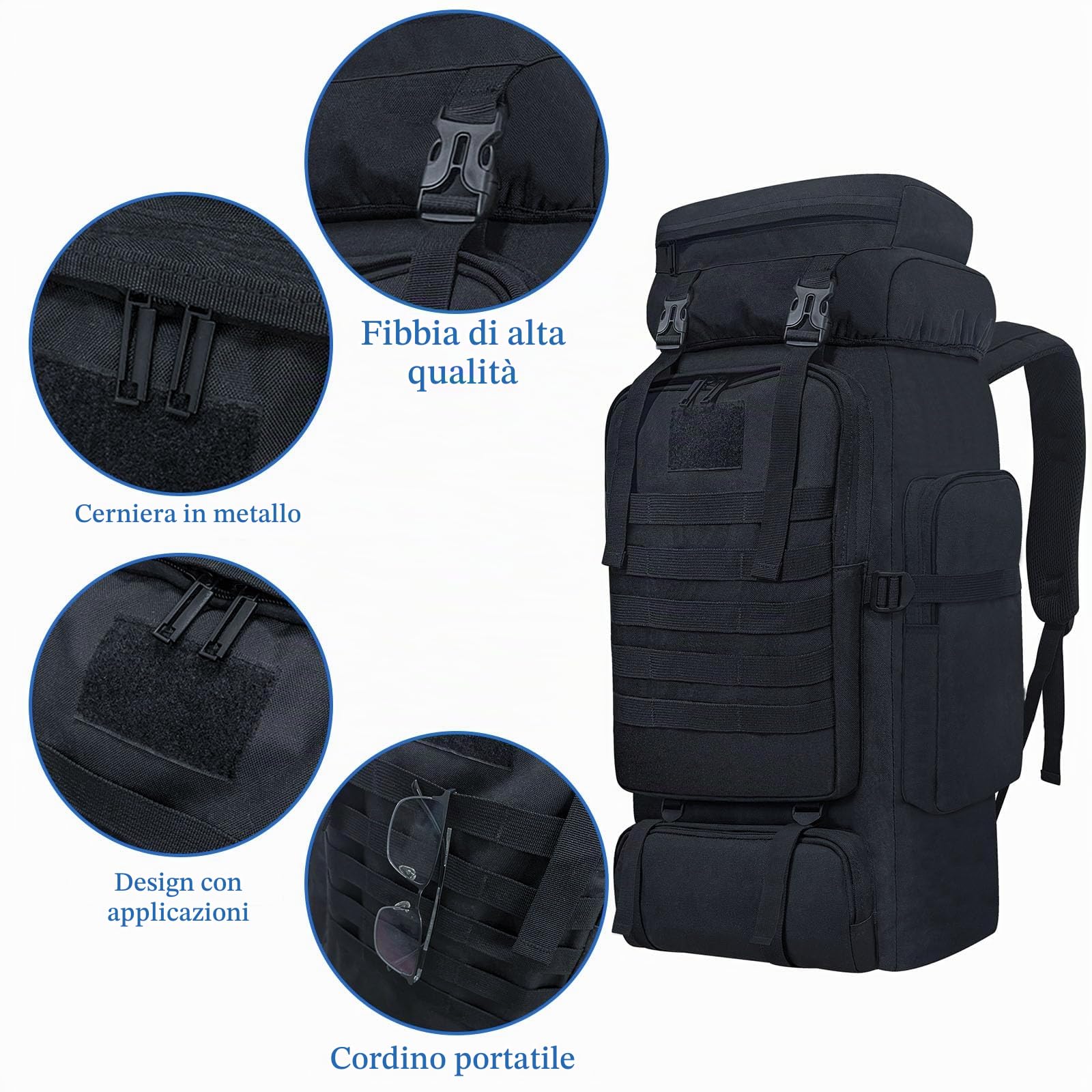 80L Campeggio Trekking Zaino, Zaino Tattico Militare Molle, Grande Zaino da Trekking Resistente all'Acqua, Zainetto Sport all'Aria Aperta, Borse Sportive Regolabili (Nero)