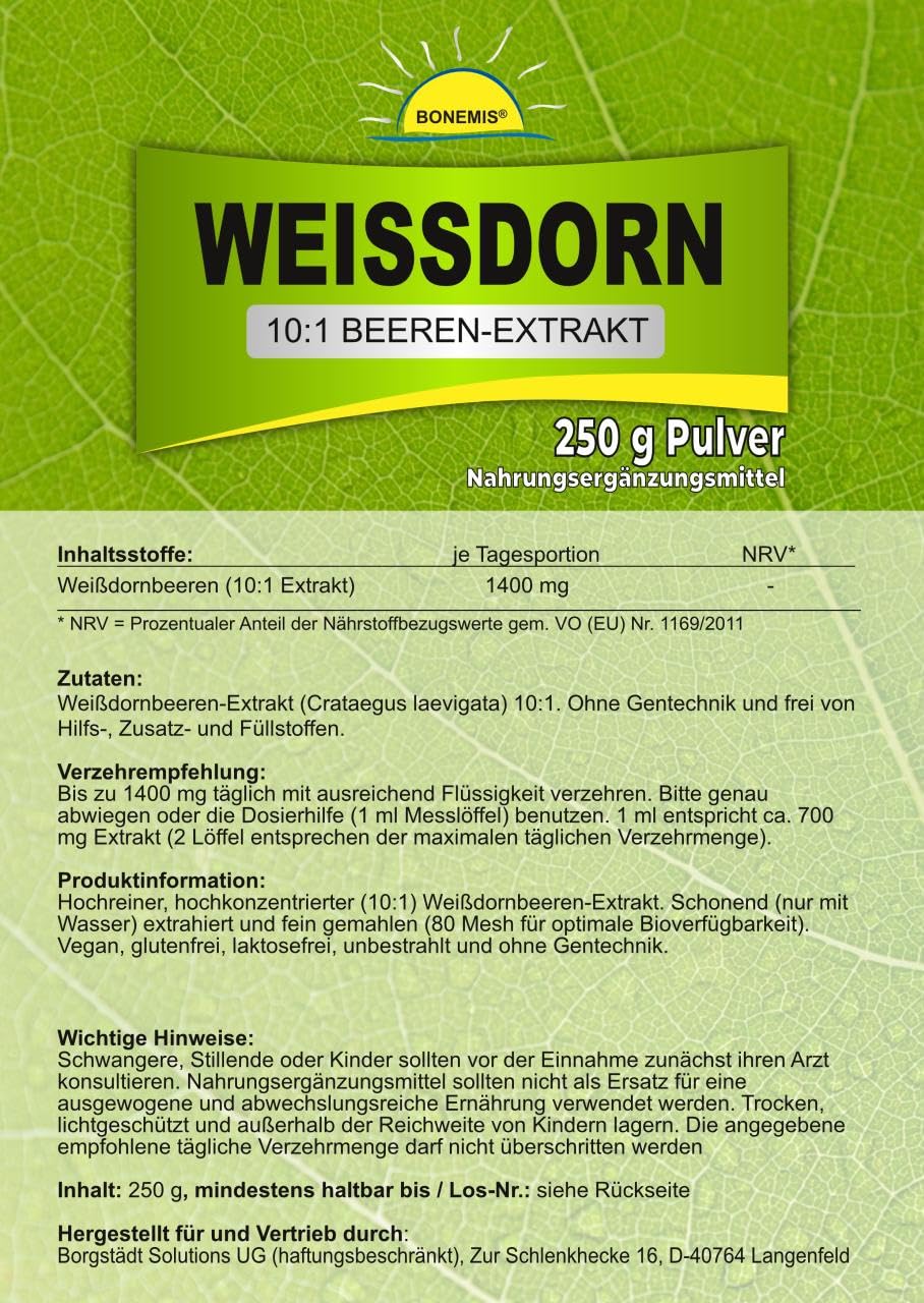 Weißdorn (10:1 Beeren-Extrakt), ohne Zusatzstoffe, 250 g Pulver im Beutel, Bonemis®