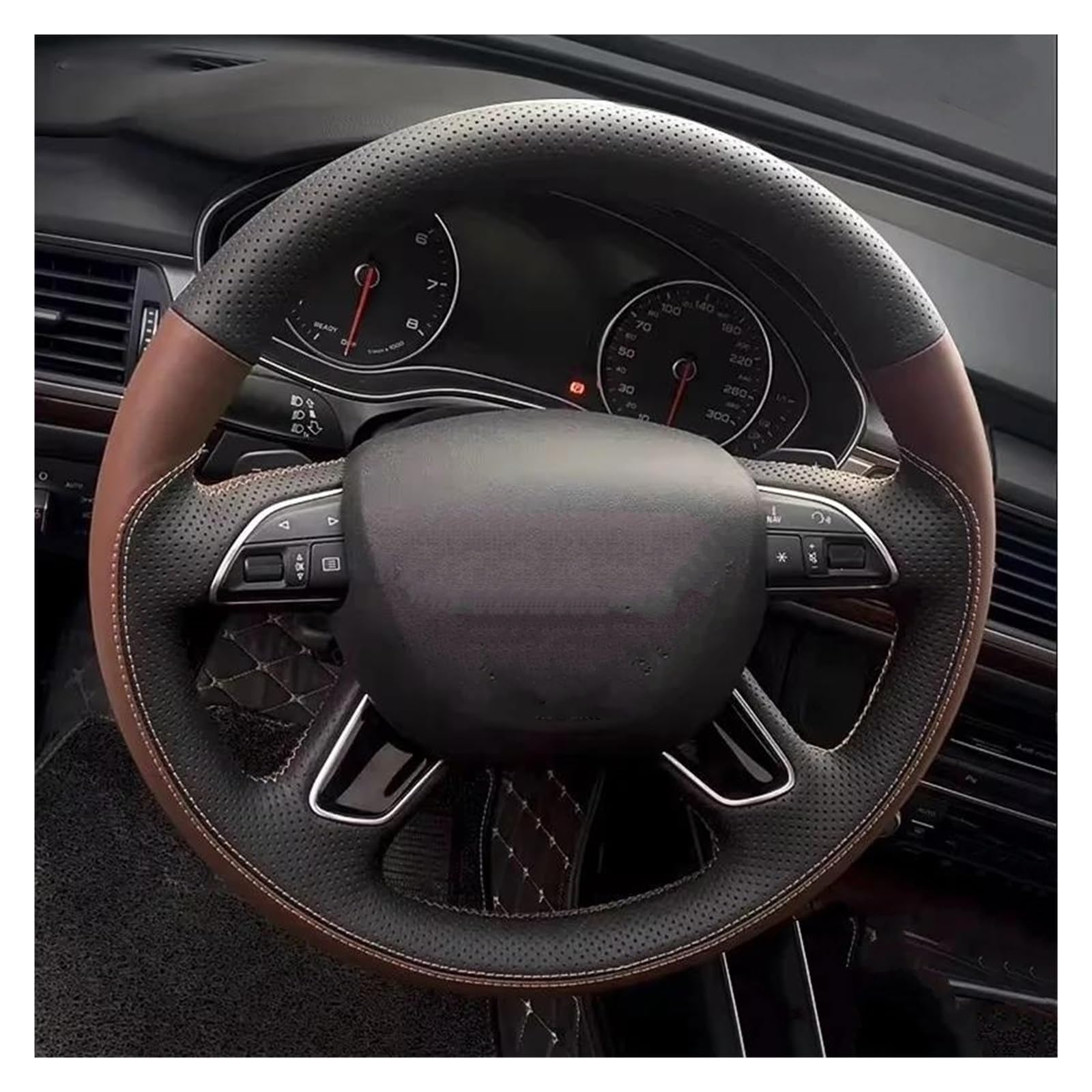 Protección Volante Coche para A3 A4 2013-2018 A6 2005-2018 Q3 2012-2018 Q5 Q7 2013-2018 Funda de Volante de Coche de Cuero marrón Negro Cosida a Mano(Negro)