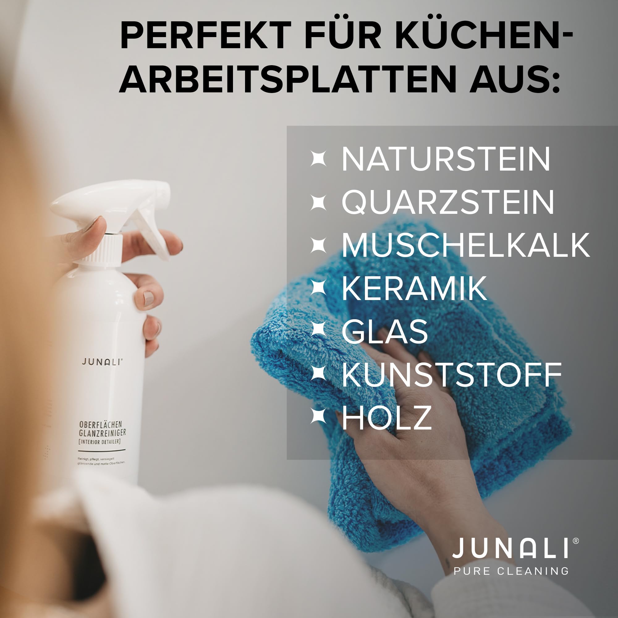 JUNALI Oberflächen Glanzreiniger, Pflege für Hochglanz Küchen, antistatisch mit Perl Effekt, Sprühversiegelung für Naturstein, Chrom, Glas, Kunststoff, lackierte Holzmöbel (2,5 L)