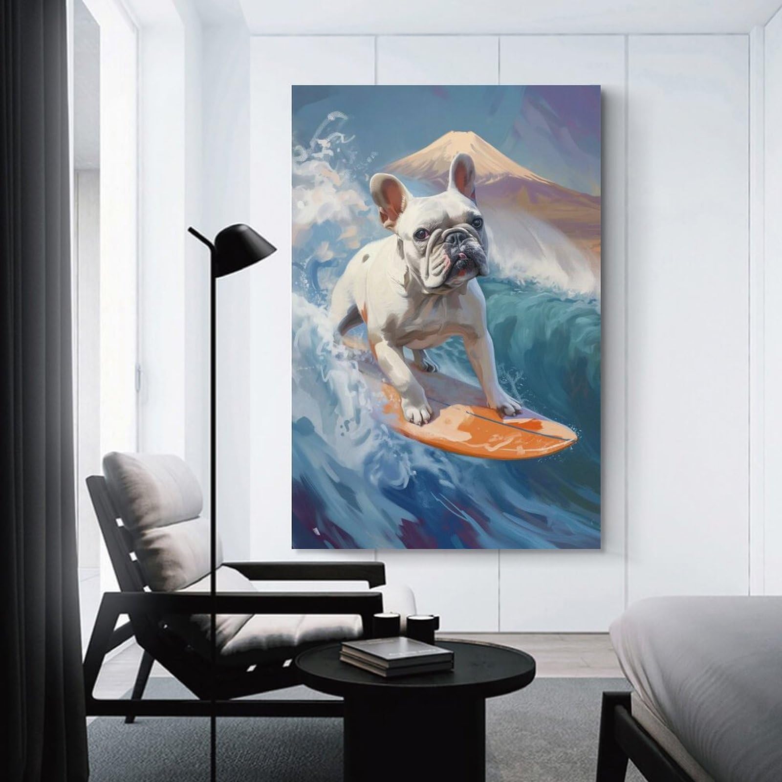 Junmoney French Bulldog Surfing Decorative Wall Artwork, 16x24inch(40x60cm), for New Homes, Bedrooms Or Workspaces, Gift Idea for Housewarming And Birthdays
