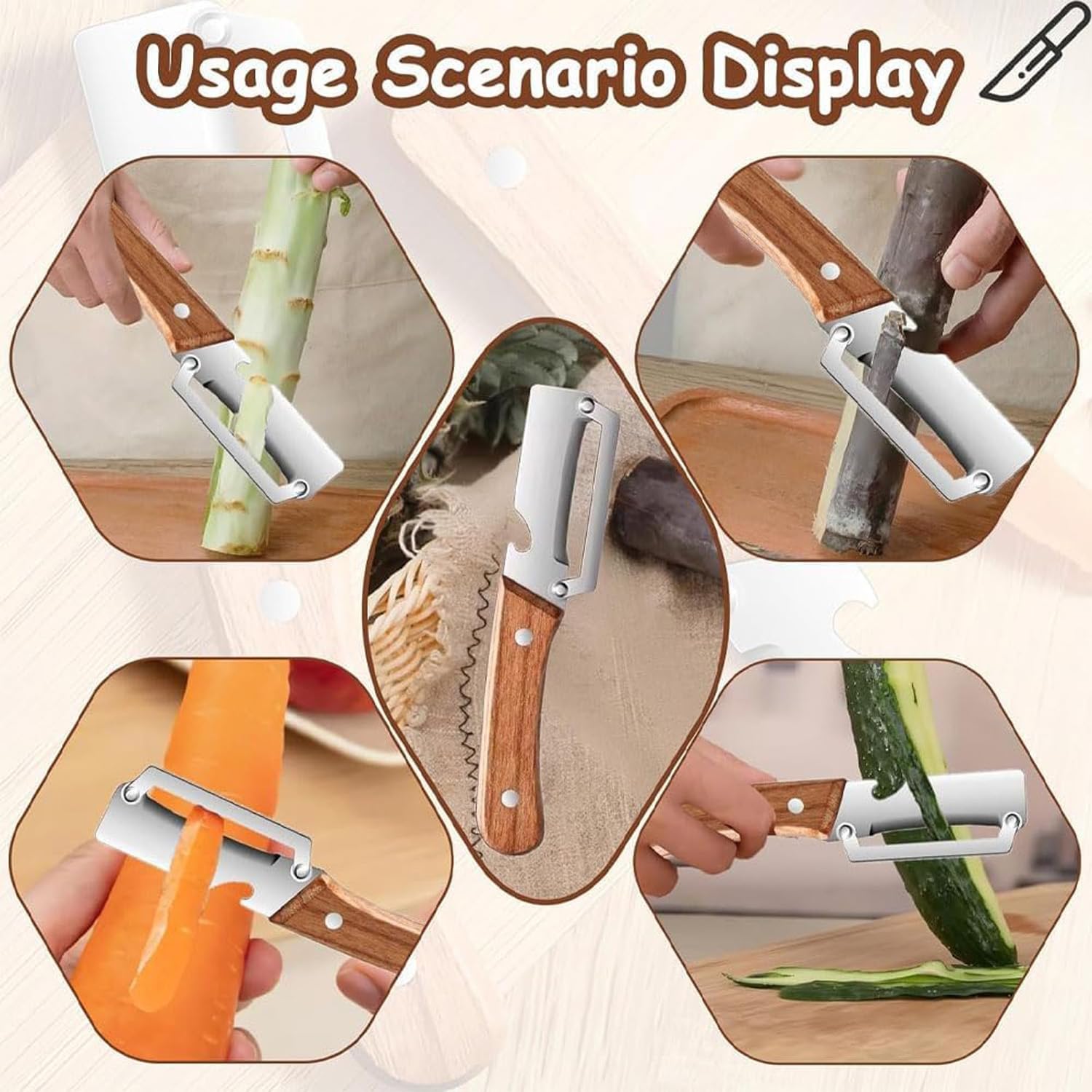 2 Pack Multifunctional Vegetable Peeler, Stainless Steel Blade Peeler with Wooden Handle, Built-in Bottle Opener, Non‑Slip Fruit Peeler for Kitchen, Ideal for Apple, Potato, Pumpkin, Papaya & More — view 7