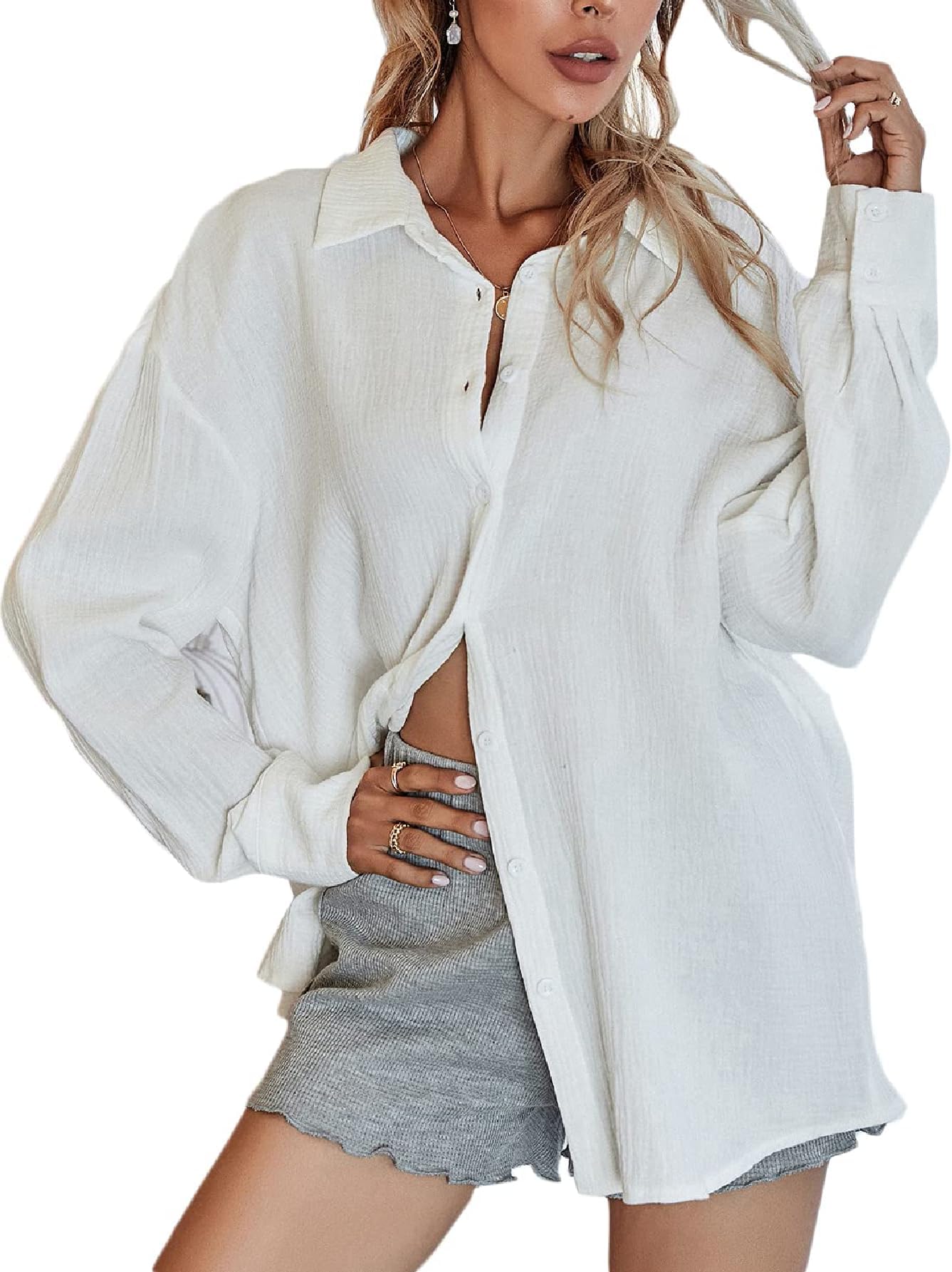 MakeMeChicWomen's Oversized Button Down Shirts Collared Button Up Shirt Blouse Top