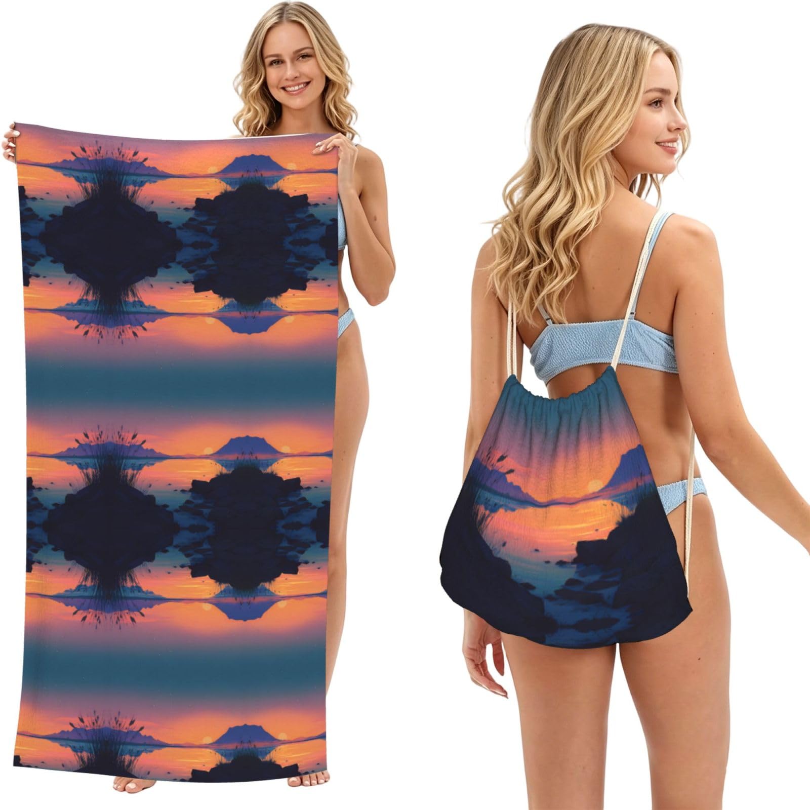 EZDLOWVBA Sunset Glow Print Beach Towel Backpack 2 In 1 Summer Large Lightweight Beach Towel - Multifunctional Ship Pattern Towel Bag For Storage,Sport