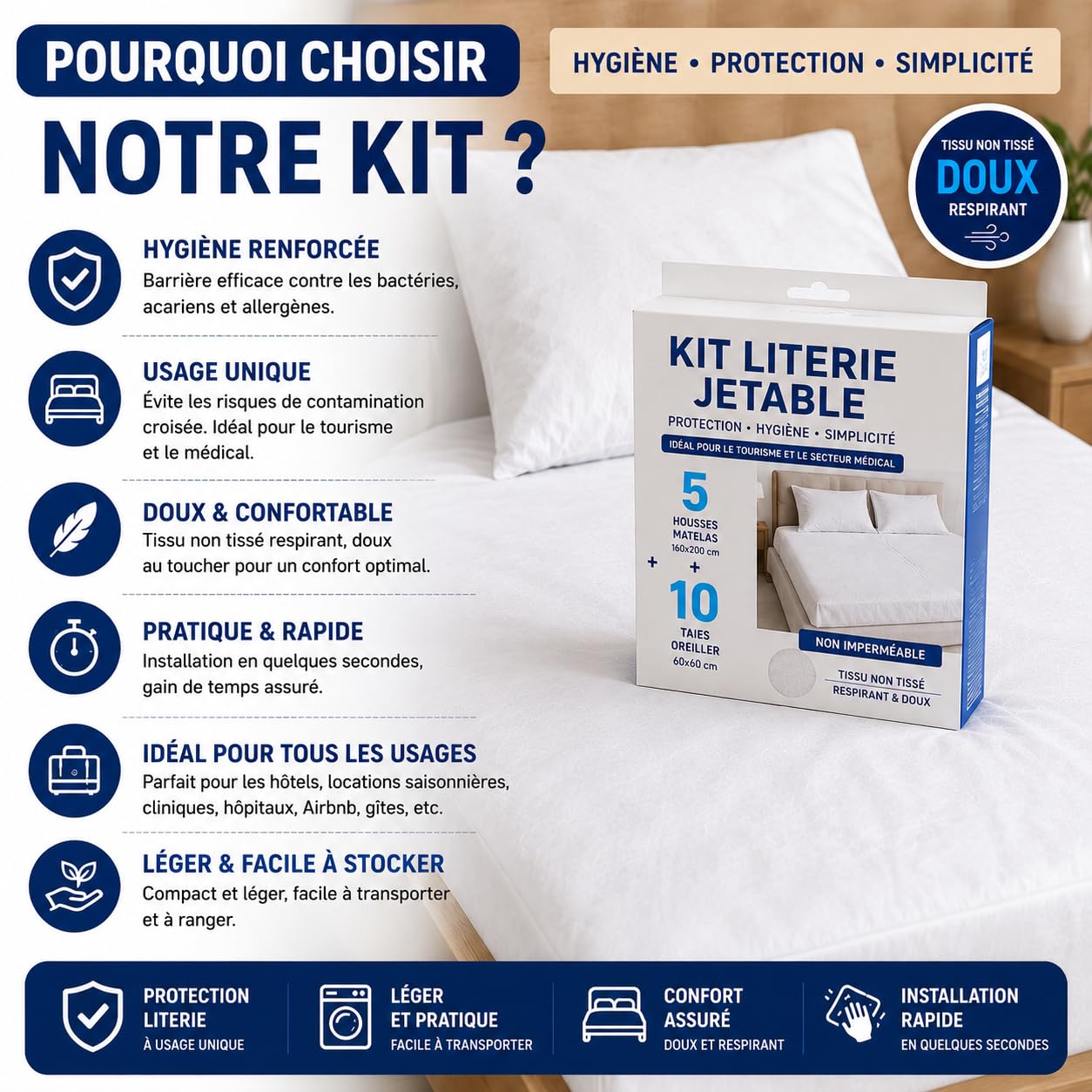 Kit biancheria da letto usa e getta – 5 fodere materasso 160 x 200 cm e 10 federe 60 x 60 cm – non impermeabile, protezione biancheria da letto – lenzuolo con angoli monouso – turismo e medico