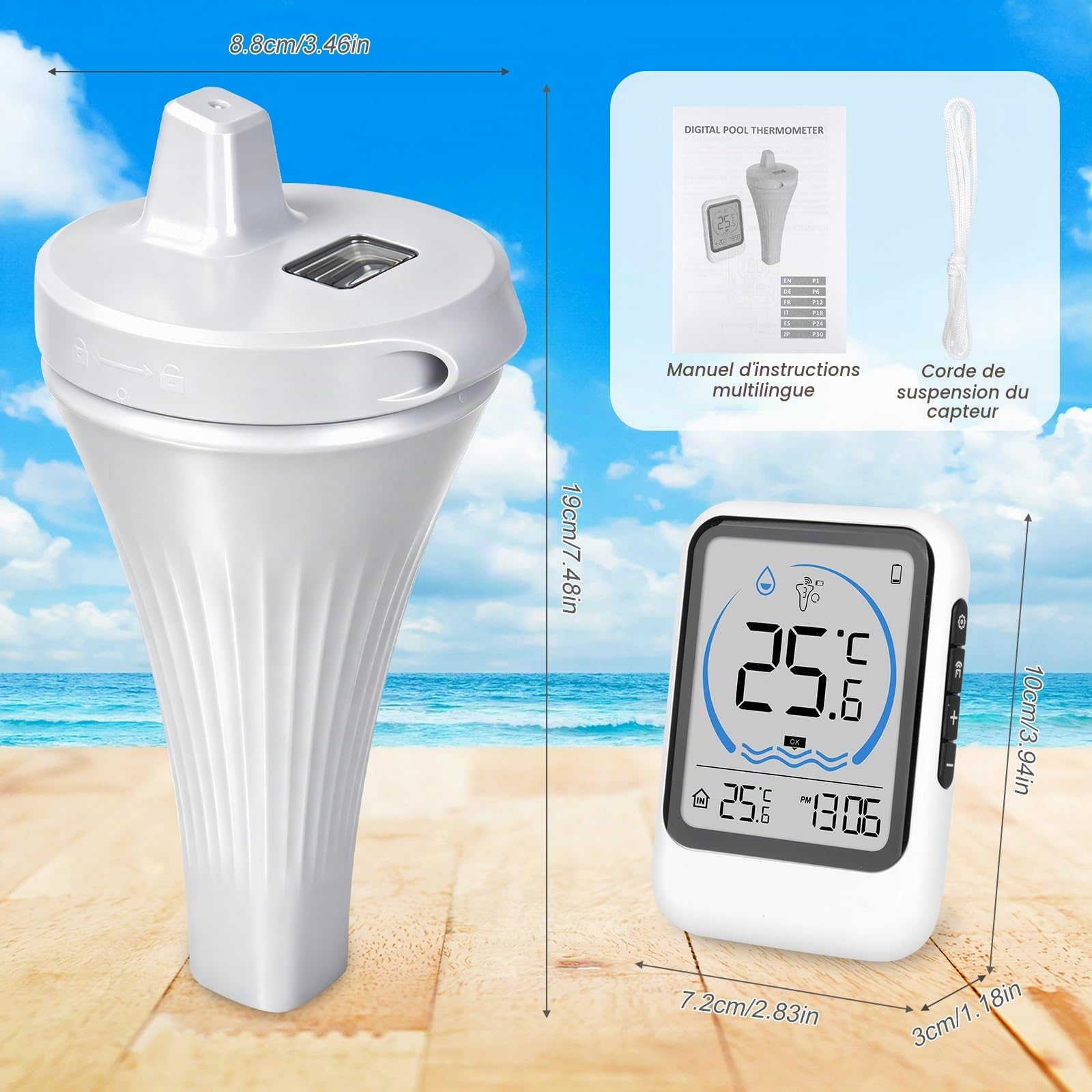 Thermomètre Piscine Flottant, Thermomètre Pour Piscine, IP68, Thermometre de Piscine Sans Fil, Portée Jusqu'à 60 M,Thermometre De Bain Pour Aquarium,Spa, Jacuzzis