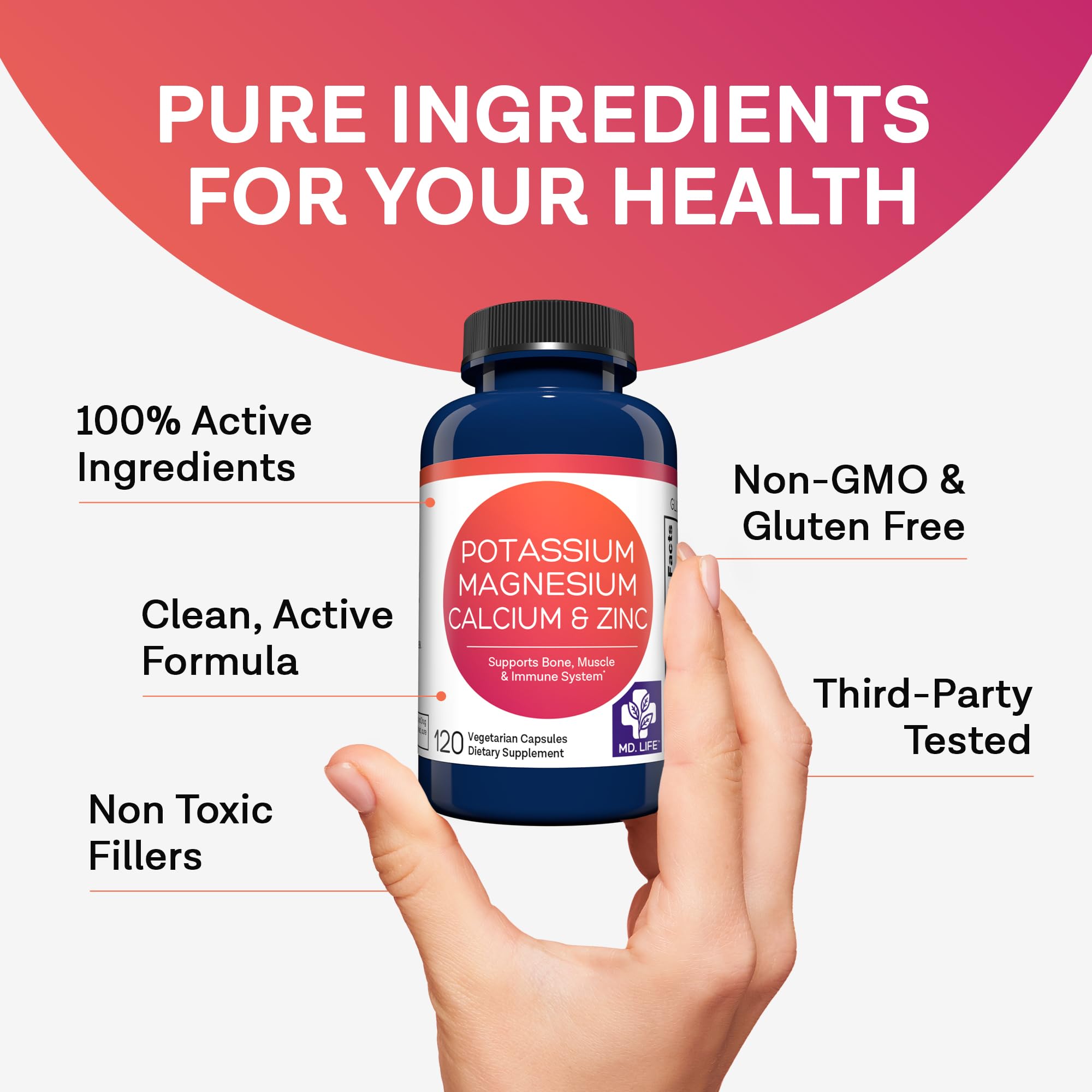 MD. Life Potassium Magnesium Zinc Calcium Supplement - 120 Capsules - Potassium Magnesium Zinc Supplement – Supports Bone Health & Muscle Health – Promotes Calcium Absorption and Immune Function — Amazon image 7