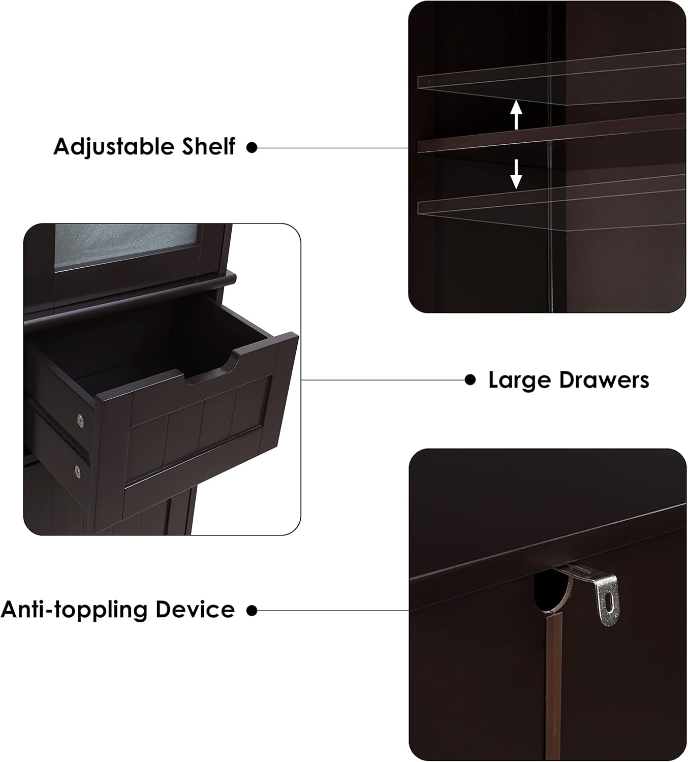 HORSTORS Bathroom Cabinet, Storage Cabinet with 2 Door & 1 Drawer, Floor Freestanding Cabinet with Adjustable Shelves, Narrow Tall Cabinet for Bathroom, Living Room, Kitchen, Dark Brown