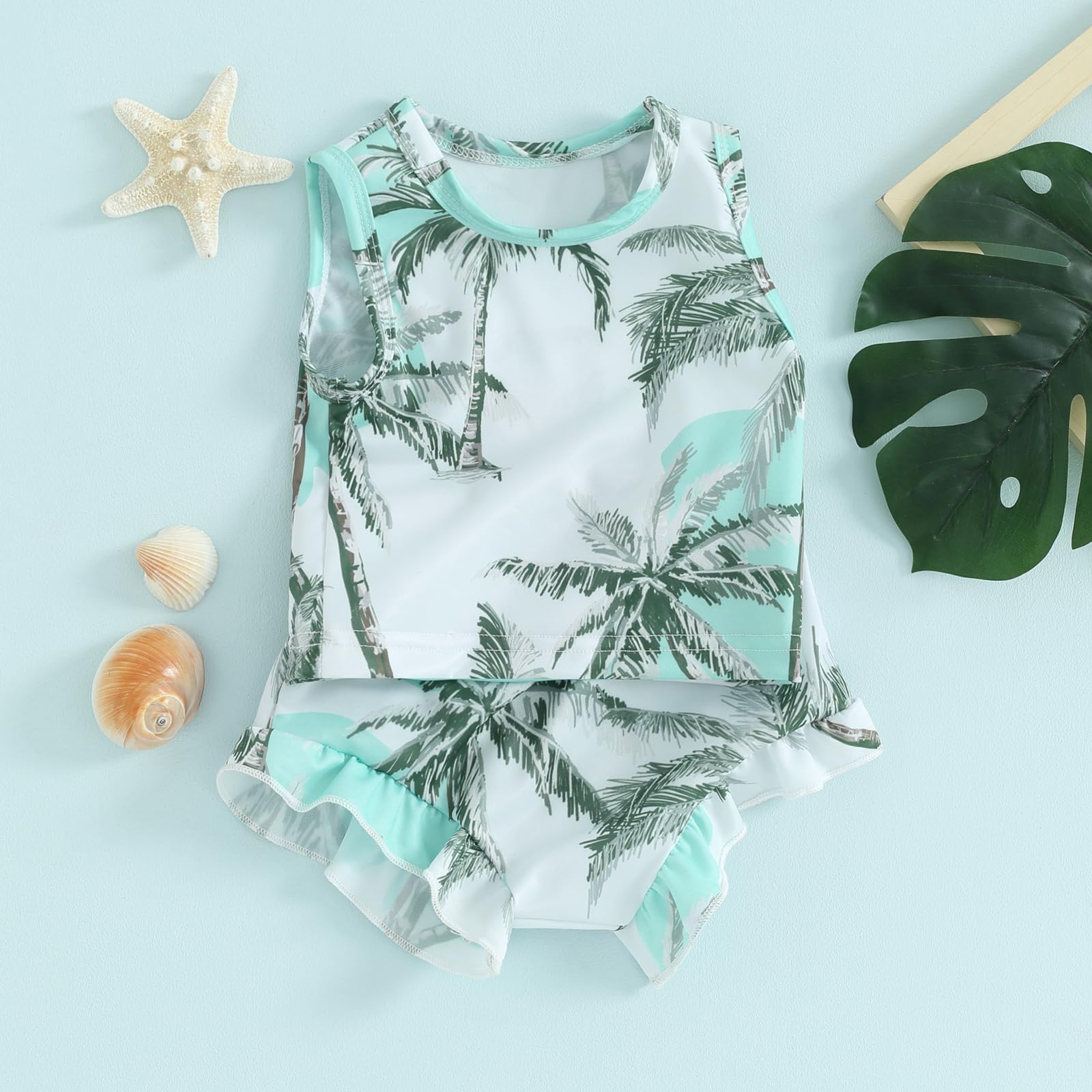 Baby Girls 2 Piece Floral Bikini Set Coconut Tree Print Vest Tank Top Ruffle Shorts Swim Bathing Bikini Suit (Sky Blue, 12-18 Months)