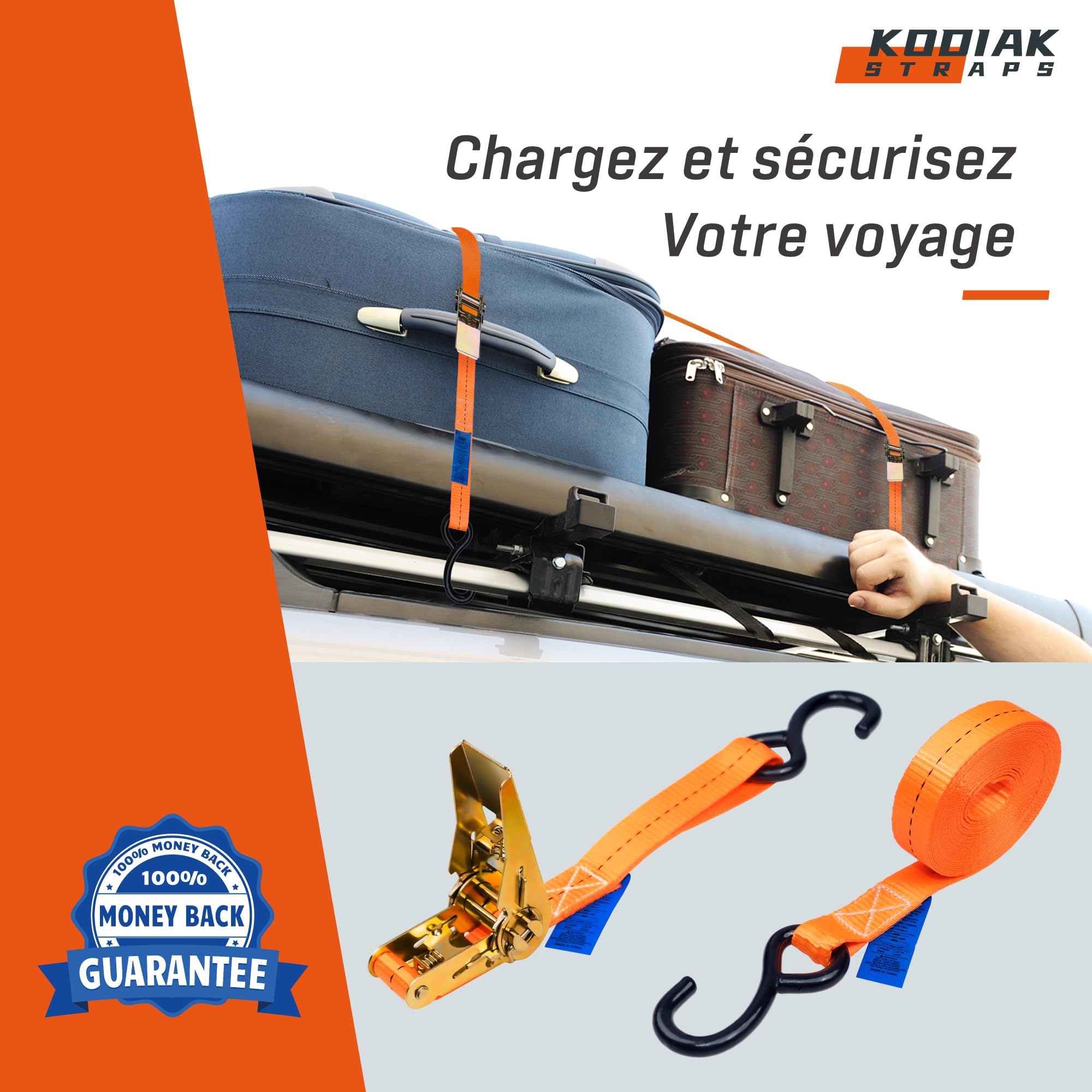 10 Lots de Sangles à Cliquet 6m x 800kg avec Crochets en S - Sangles d'Arrimage 25mm Orange pour Sécurisation de Chargement - Certifié TÜV/GS Selon la Norme DIN en 12195-2 - KODIAK STRAPS