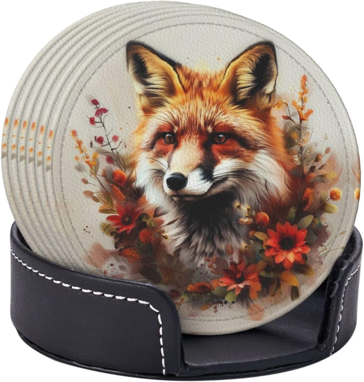 6 Pcs A Beautiful Fox with Flowers Leather Coasters for Drinks with Holder Round Mug Mat Table Desk Coasters Set Cup Coasters for Living Room Kitchen Coffee Decor