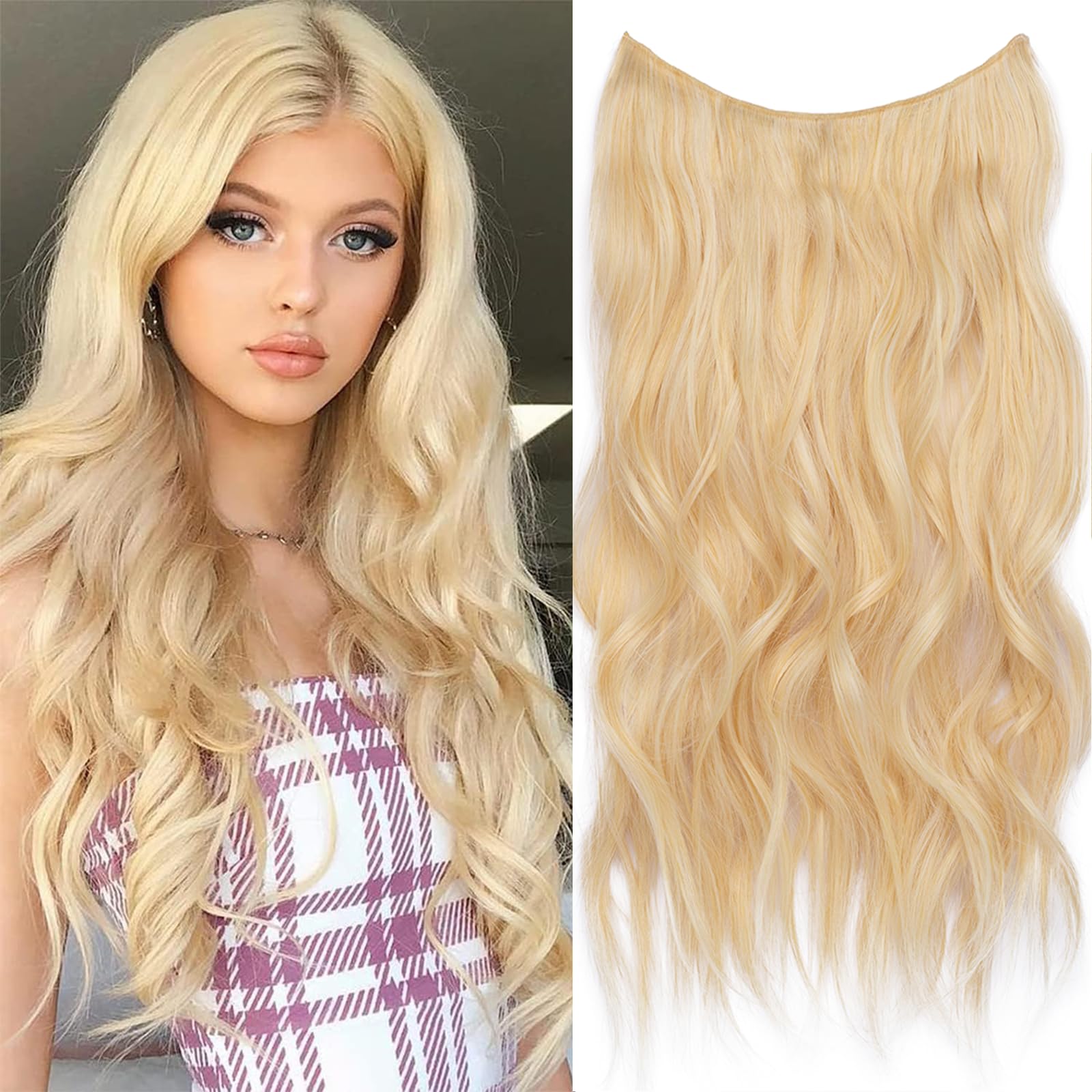 Xtrend 20Inch Invisible Wire Hair Extensions with Transparent Wire Adjustable Size Secure Clips Natural Straight Secret Miracle Hairpiece C8#