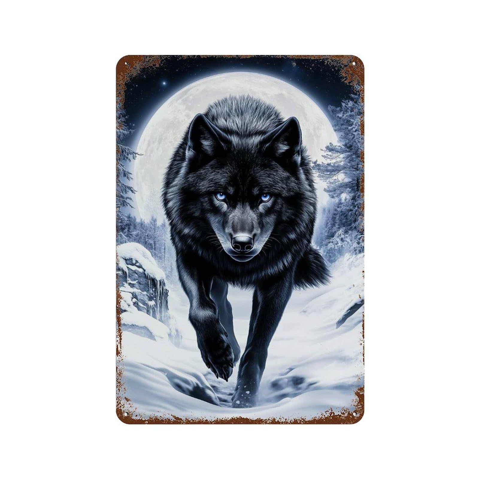 Black Wolf in Winter Moonlight Retro Metal Sign 11.8"x7.9", Shabby Chic Decor for Garage, Pub Or Kitchen