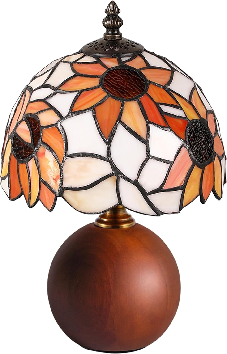 12.2" Tiffany Style Lamp, Handcrafted Stained Glass Sunflower Table Lamp with Spherical Solid Wood Base, 3-Color Dimmable Bedside Lamp for Nightstand & Bedroom, Vintage Aesthetic Accent Light