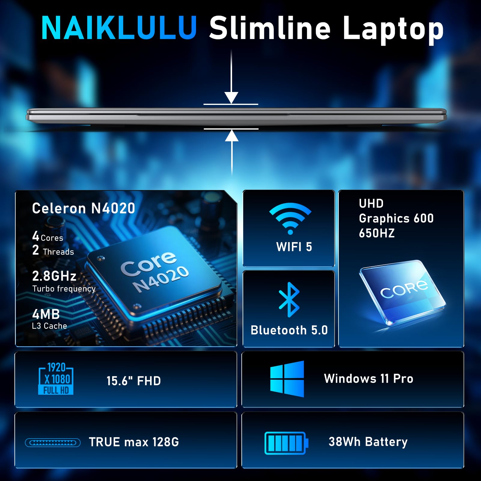 NAIKLULU 15,6 Pollici Computer Portatile 2025 Laptop, N4020 Processore (da 1,1 a 2,8 GHz) Computer portatile, 8 GB RAM 256 GB SSD Computer, Scheda TF, Webcam, Touchpad, Studente/Casa/Affari