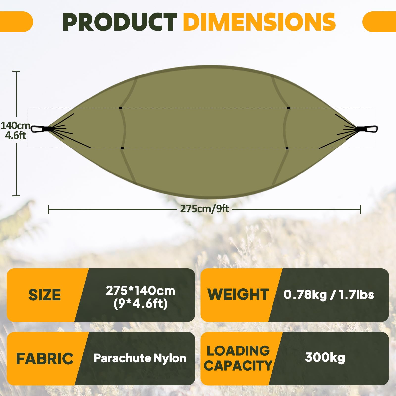 NatureFun Mosquitero Hamaca Ultra Ligera para Viaje y Camping | 300kg de Capacidad de Carga,Transpirable, Nylon de Paracaídas de Secado Rápido | 2 x Mosquetones Premium,4 x Correas de Nylon Incluidas