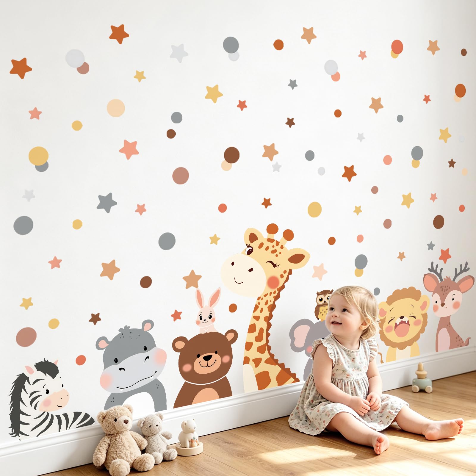 Tanlaby Animal Wall Stickers Cartoon Jungle Forest Animals Polka Dot Wall Decals Giraffe Bear Deer Lion Art Decals for Baby Nursery Kids Toddler Bedroom Playroom Birthday Party Decor