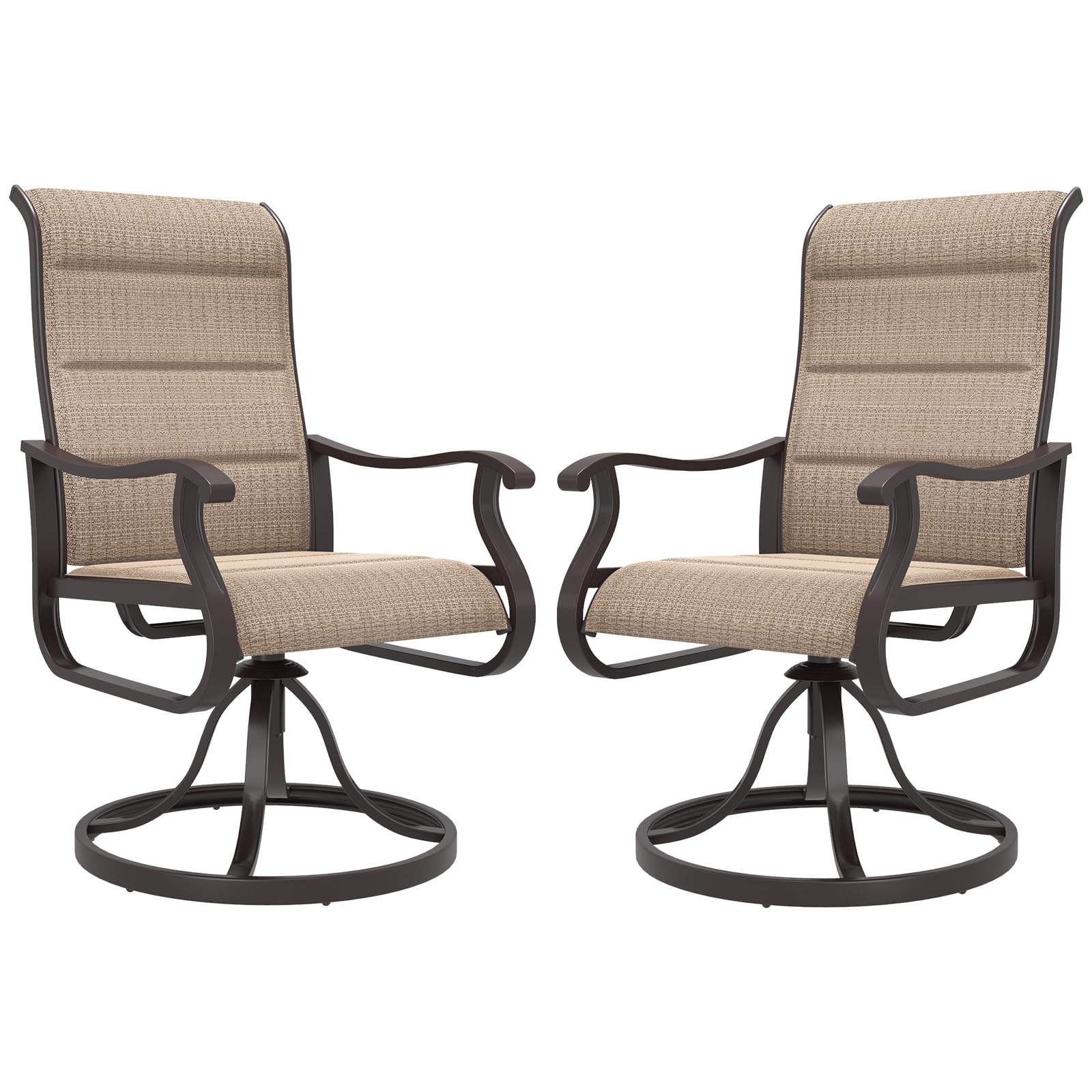 Amopatio Padded Patio Swivel Chairs Set of 2, Outdoor Dining Chairs with Ultra Soft Textilene High Back Seat & Metal Rocker Frame, for Backyard Deck Lawn, Brown