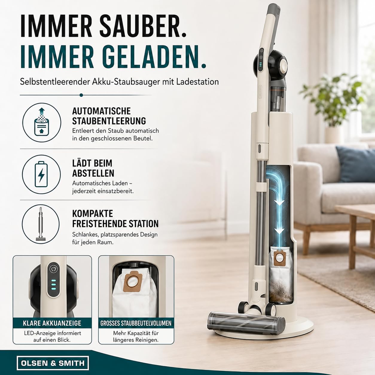 Olsen & Smith Selbstentleerender Akku Staubsauger – Leichter 5,3 kg Stiel- & Handstaubsauger, 18 kPa Saugkraft, 25 Min. Laufzeit, H13-HEPA-Filter, LED-Licht – Tierhaare, Auto & Teppich – Creme