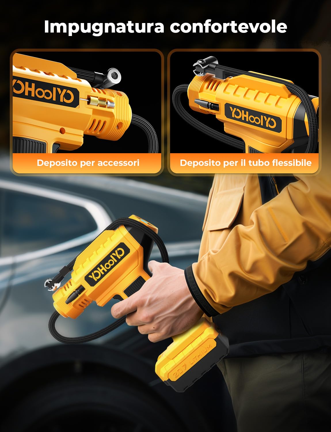 YOHOOLYO Compressore Aria Portatile per Pneumatici 150PSI Manometro Digitale LCD, luci a LED, Adatta per Auto,Biciclette, Moto e Palloncini