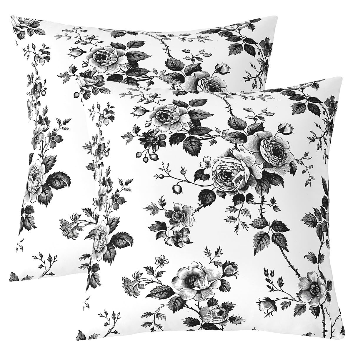Homemissing Flower Square Cushion Covers Set of 2 for 50x50cm Botanical Floral Printed Reversible Throw Pillow Covers Flowers Pattern Pillow Covers Natural Theme Black White
