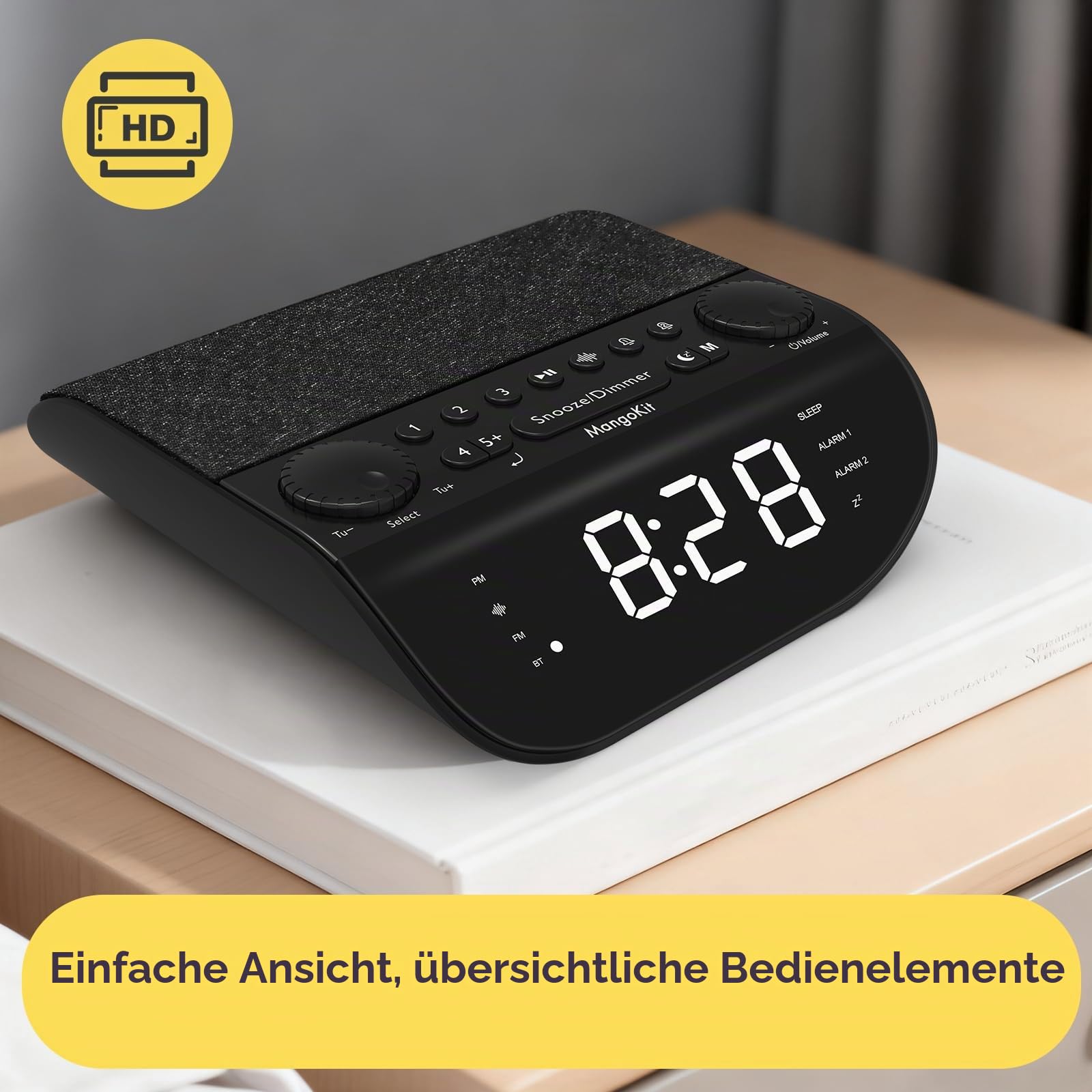 UP-Max Radiowecker mit Bluetooth und UKW Radio – Extra Lauter 90dB Wecker für Tiefschläfer, Dual-Alarm, Snooze, Weißes Rauschen, Stereo-Lautsprecher, Großes Dimmbares Display