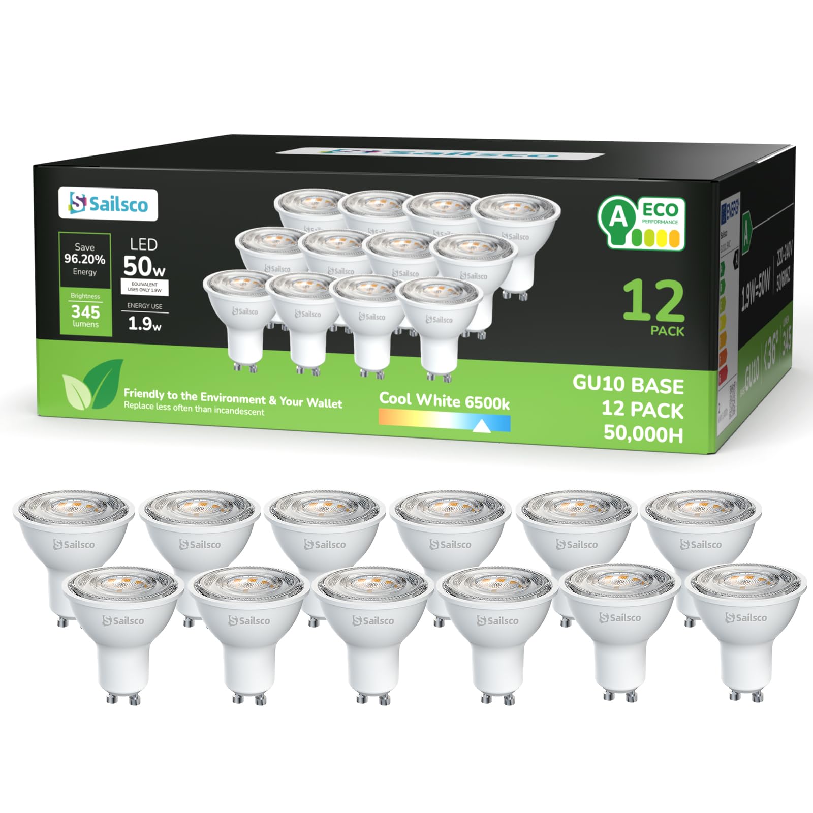 sailsco Energieklasse A GU10 LED Kaltweiss Lampe,1.9W 345LM 6500K Kaltweiß GU 10 Spot Energiesparlampe,50W Glühbirne Ersetzt,36 Grad Abstrahlwinkel G10 Leuchtmittel,Nicht Dimmbar Birne,12 Stück