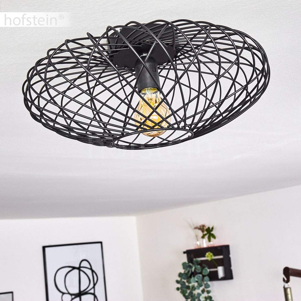 HOFSTEIN Wemude Deckenleuchte – Runde Lampe Schwarz, 40 Cm, E27, Gitter-Optik (Retro Modern)