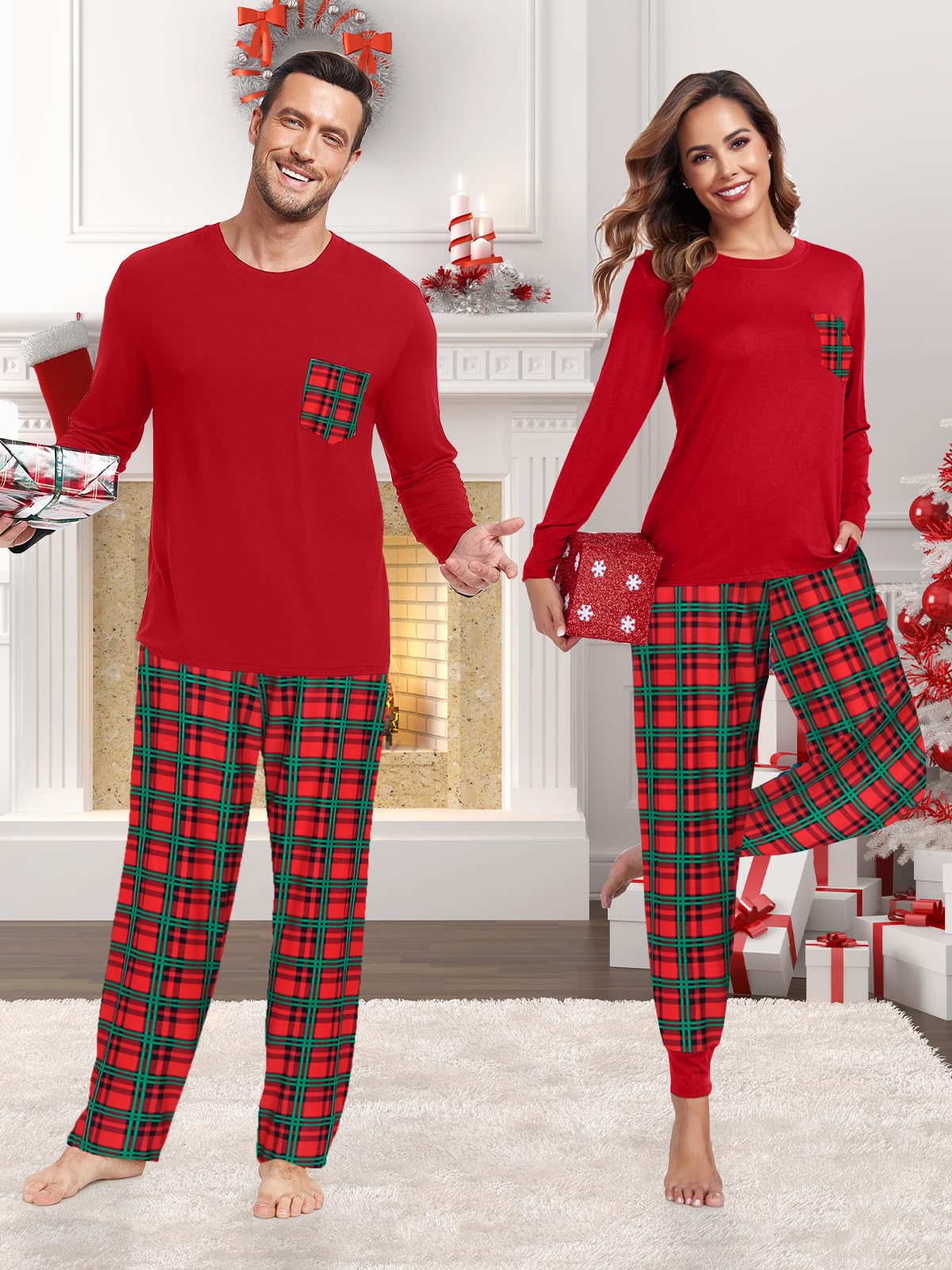 Conjunto de pijama a cuadros de Navidad a juego para parejas, ropa de dormir de manga larga, suave modal con bolsillo, S-3XL