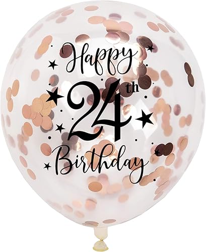 Globos de látex de confeti de oro rosa con el número 24, decoración de globos de fiesta de cumpleaños de 24 años con confeti, 12 pulgadas, paquete