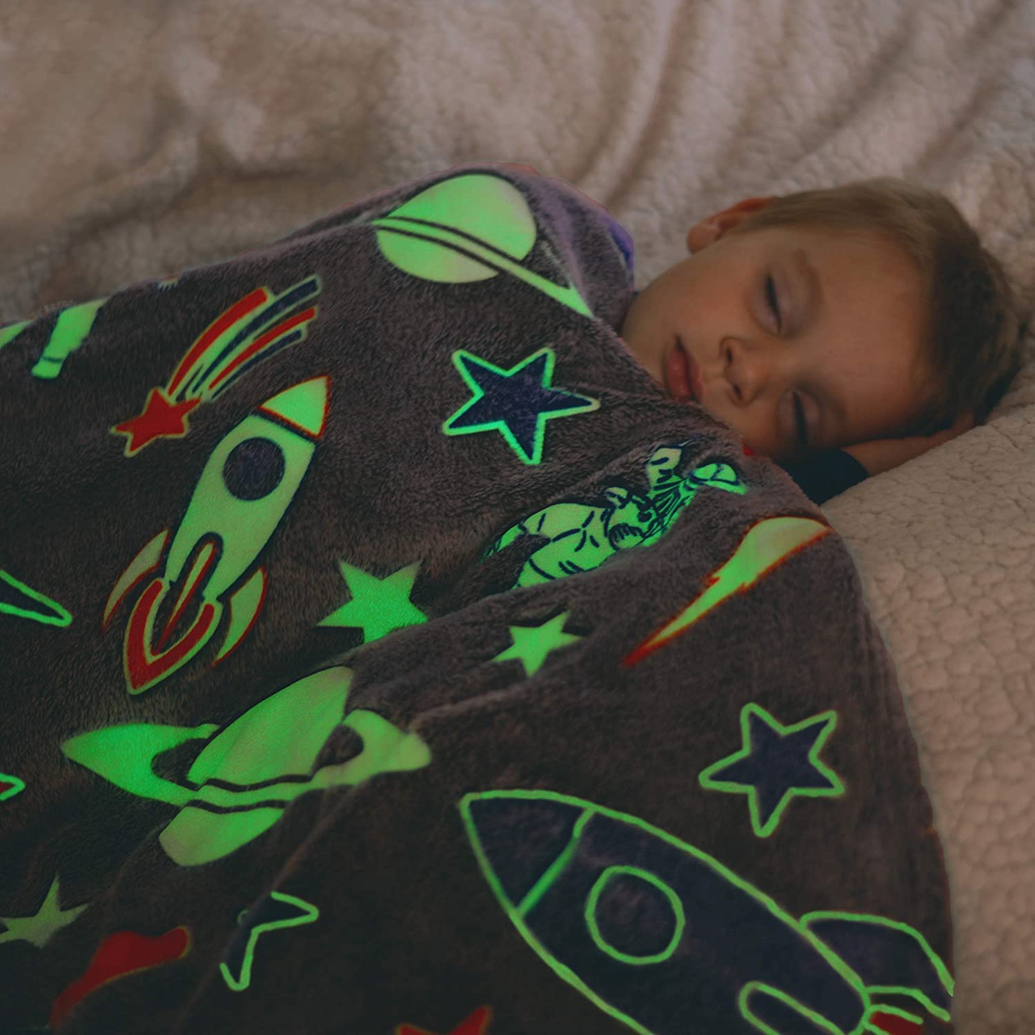 Happy Hues® Glow in The Dark Blanket Kids-Teens Boys & Girls, Rocket 2