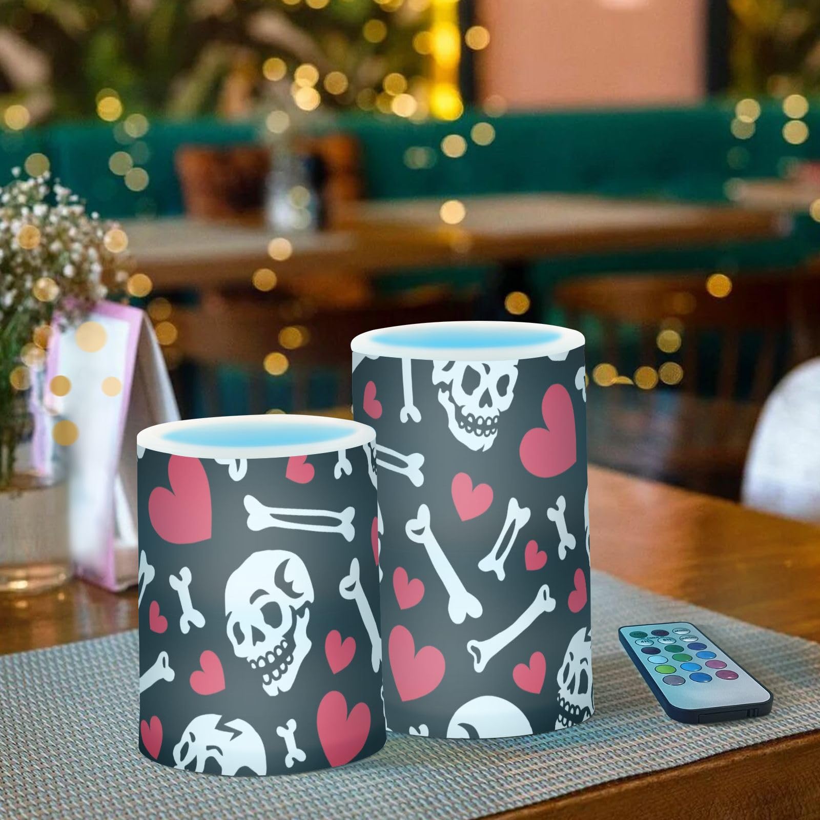 ODAWA Candele a batteria senza fiamma, a forma di teschi, ossa, cuori, candele a batteria, con timer a distanza, per festival, Halloween, decorazioni natalizie