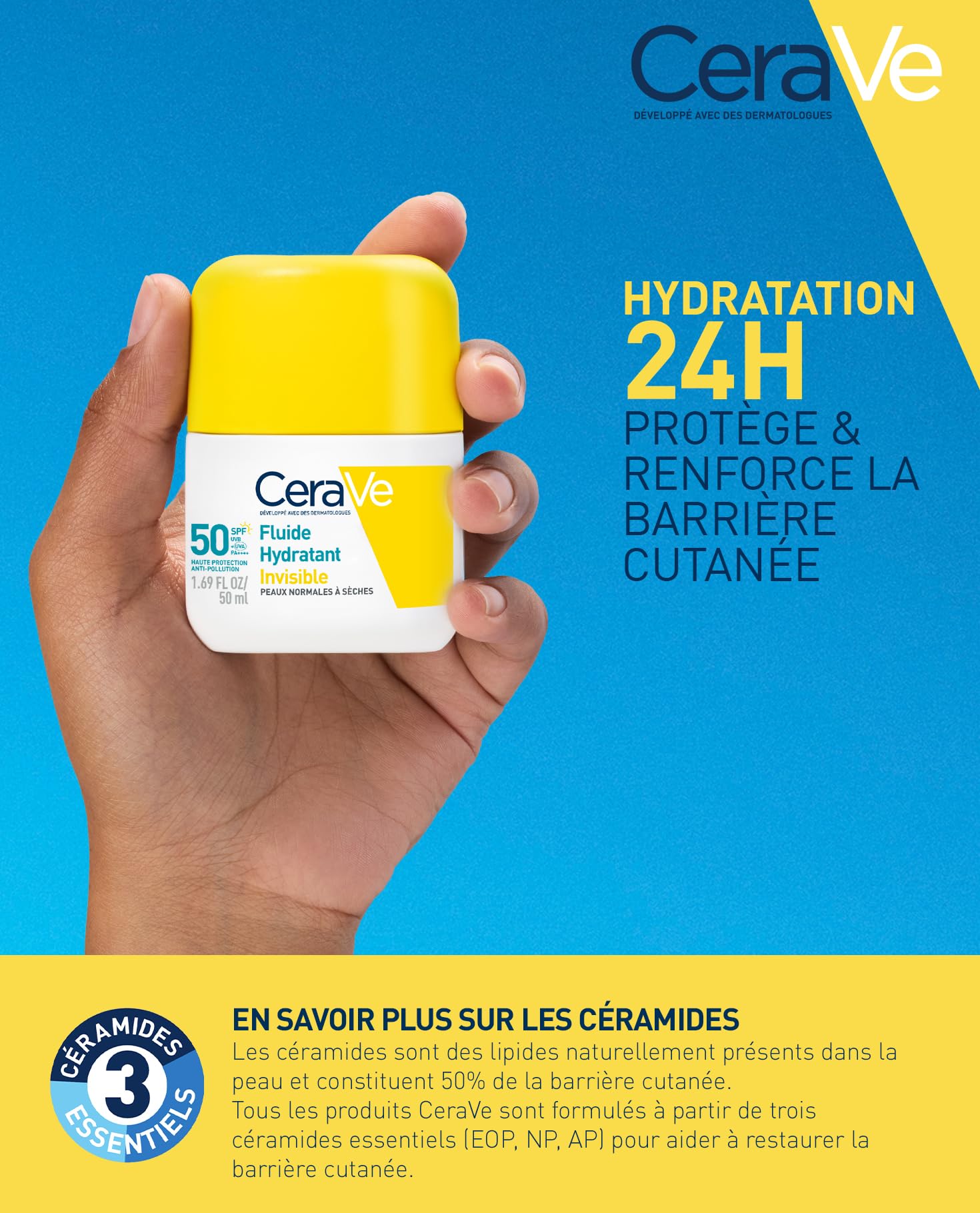CeraVe CeraVe, Invisible Moisturizing Fluid SPF 50 Face, High Sun Protection Face, Normal to Dry Skin, 24H Hydration, Invisible Finish, Makeup Base, Glycerin & Vitamin E in use