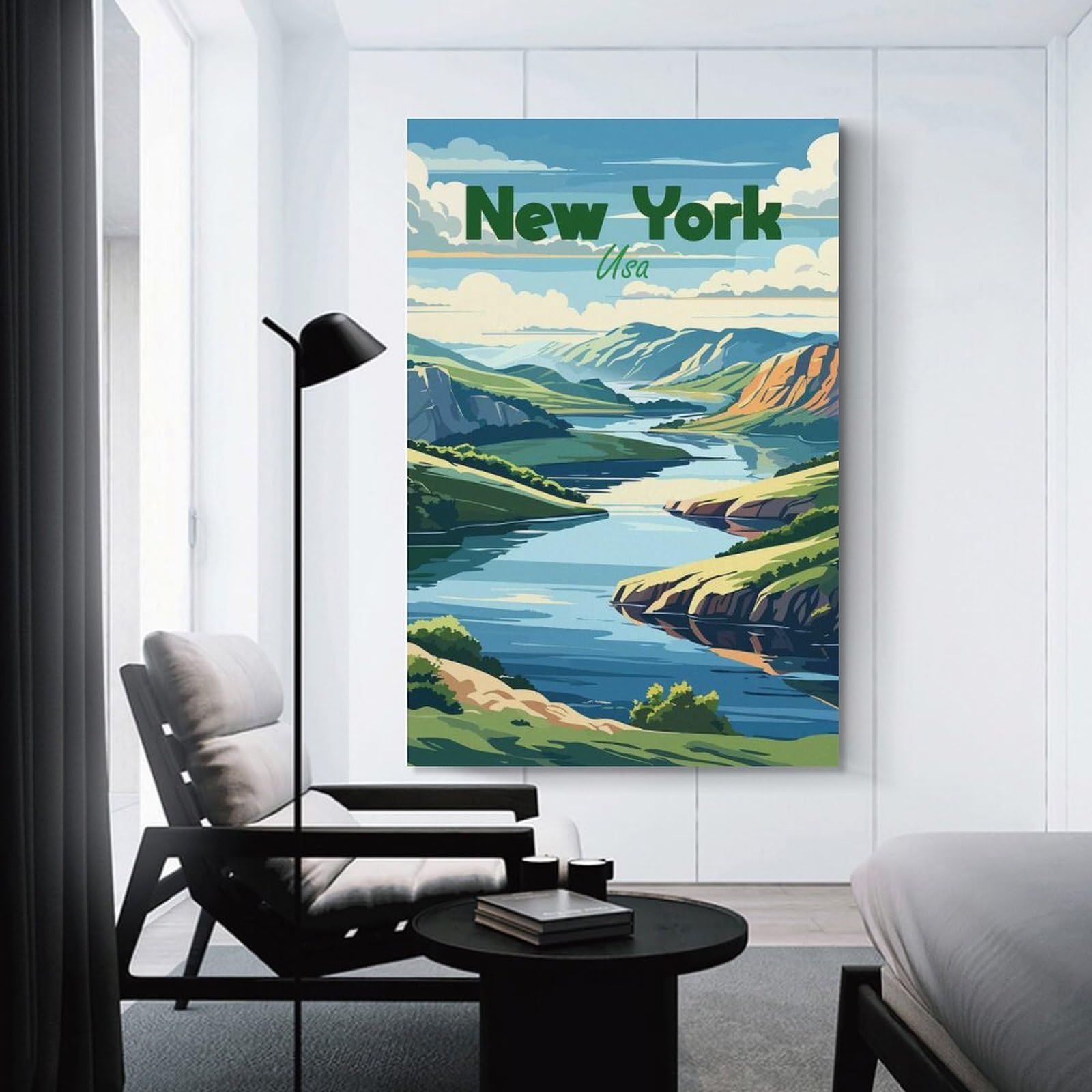 Junmoney New York Landscape Illustration Wall Picture Print 24x36inch(60x90cm), for Home Office, Desk Area Or Studio, Home Office Artwork with Decorative Appeal