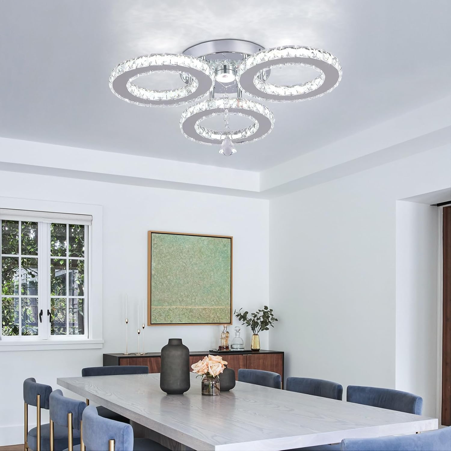 3-Ring Crystal Ceiling Light Flush Mount, 17.3 Inch Chrome K9 Crystal LED Ceiling Fixture, 6500K Cool White Light for Bedroom Hallway Kitchen Entryway