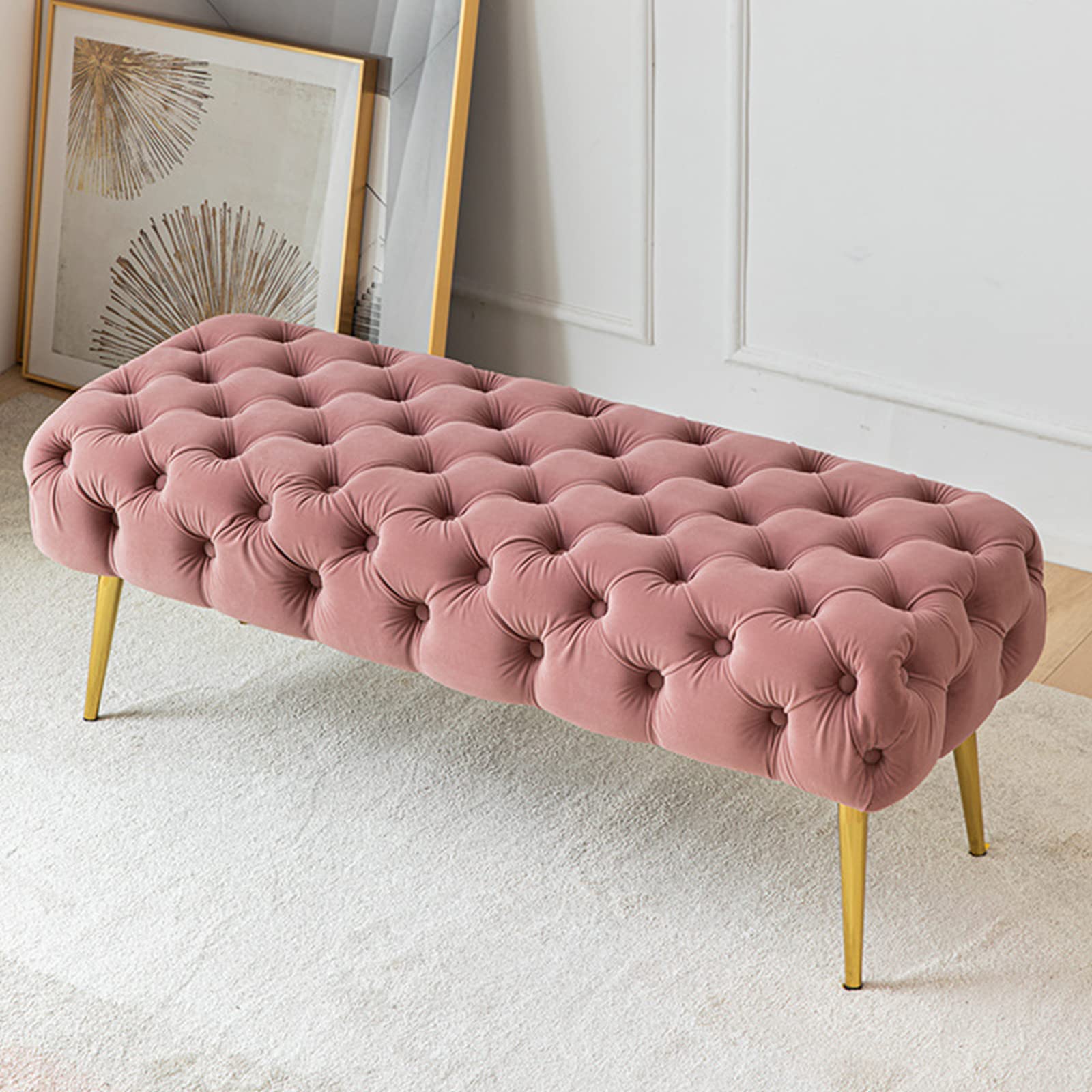 Pouf moderne capitonné en velours rose banquette de salon 80x44x40cm pour entrée chic