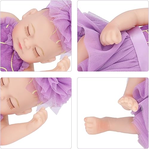 Miniatura 8 de VGEBY Reborn Baby Doll, 10inch Newborn Reborn Doll Soft Silicone Lifelike Sleeping with Beautiful Dress Toy Accessories Gift (Purple)