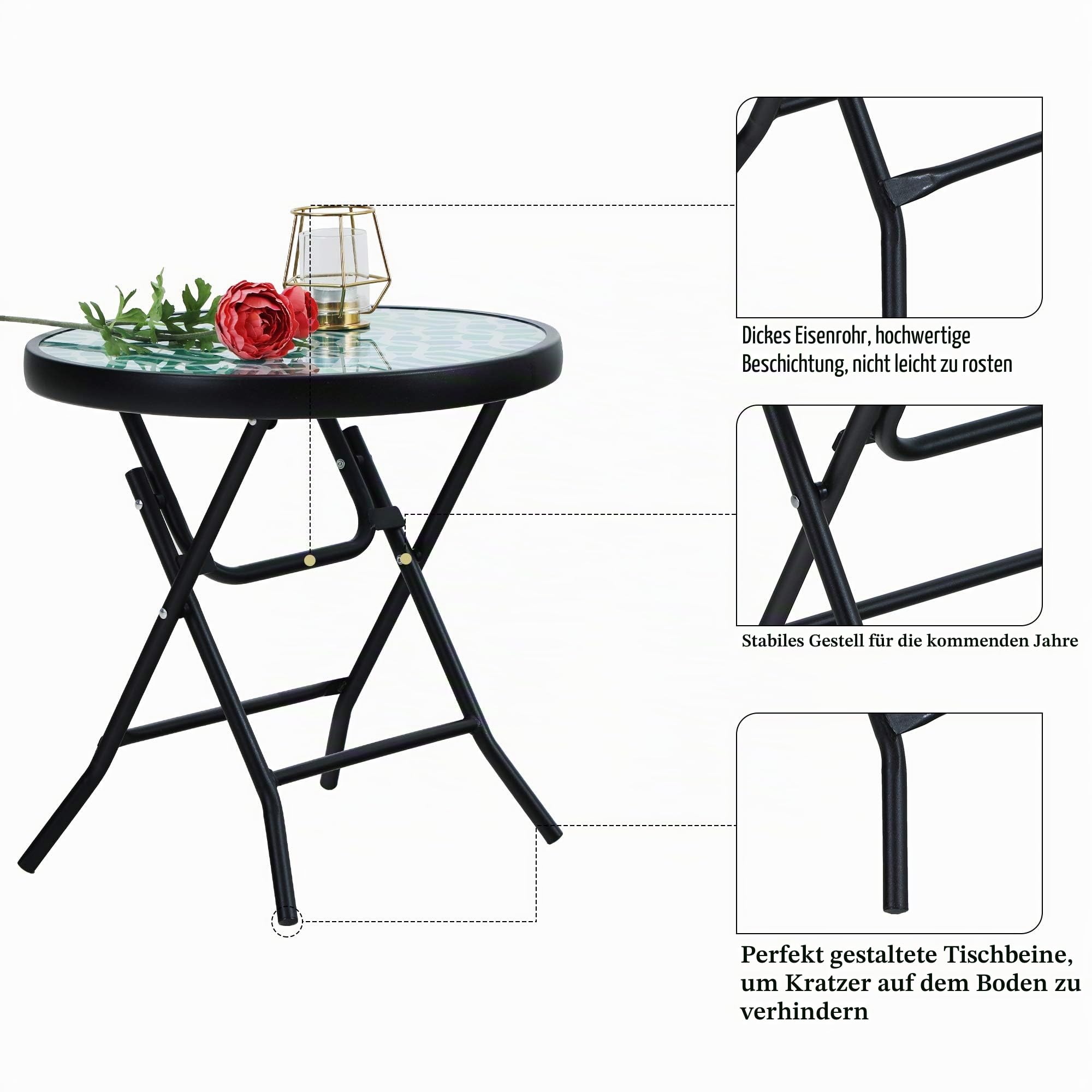 PHI VILLA Klappbar Runder Beistelltisch Glas aus Metall Gartentisch Kaffeetisch Klein Balkontisch wetterfest pflegeleicht für Balkon Garten Terrasse Wohnzimmer