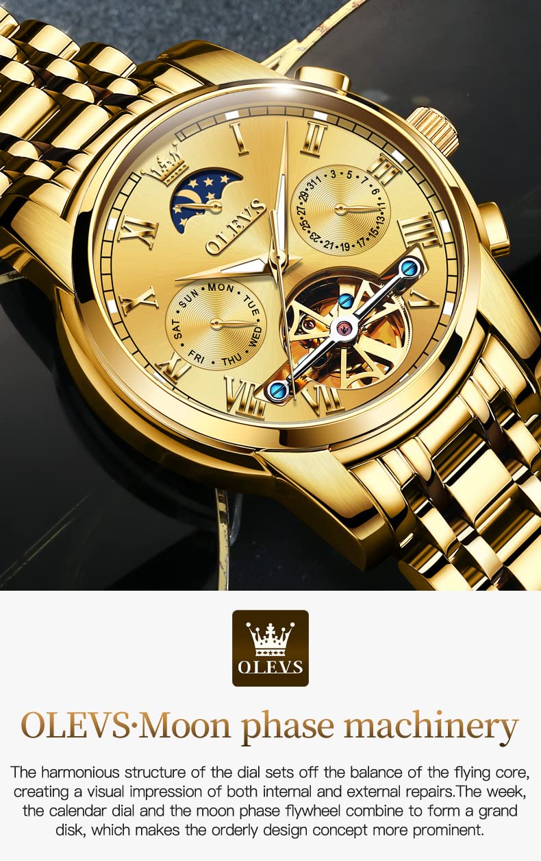 OLEVS Par de relojes automáticos para parejas para hombres y mujeres, para él y para ella, juego de regalos mecánicos Tourbillon de cuerda automática, reloj de pulsera con calendario de día, fecha,